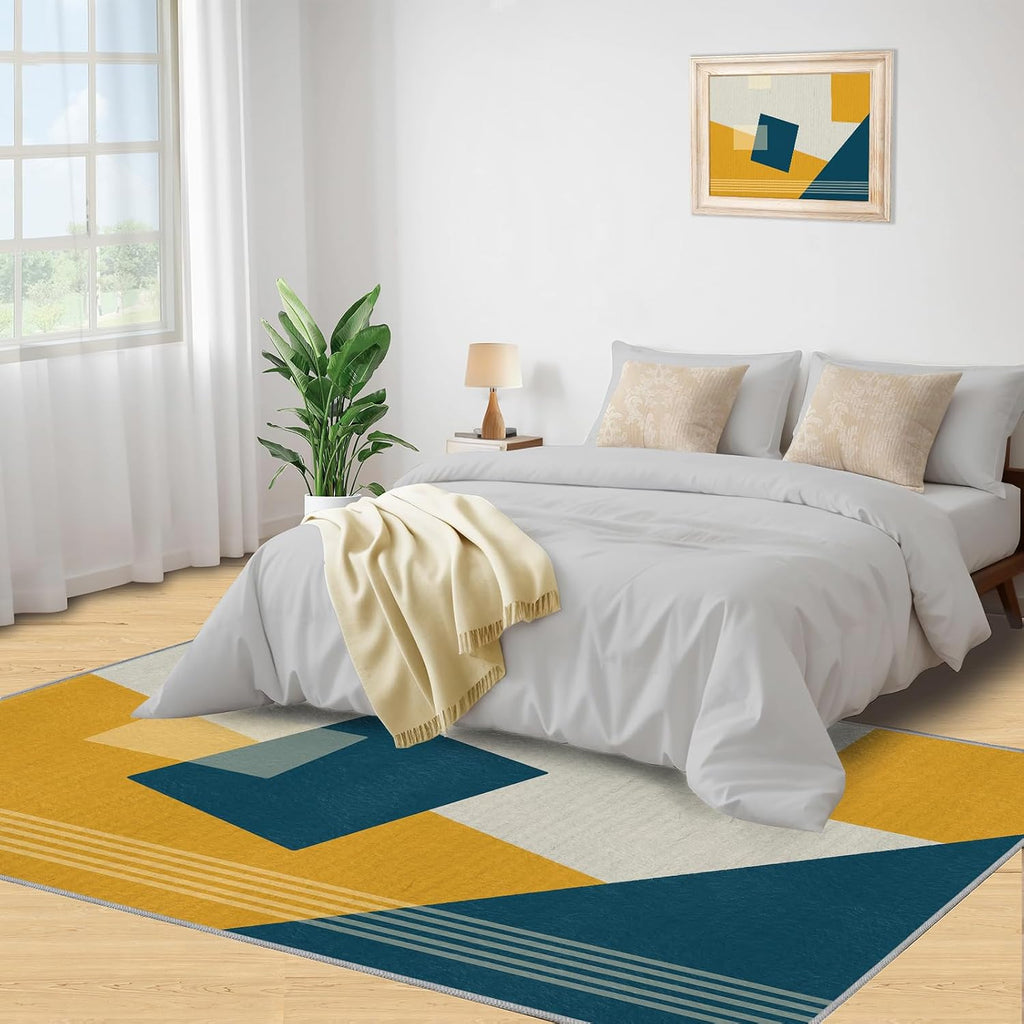 Blue Yellow Geometric Area Rug, European Minimalist Rugs for Living Room, Indoor Non-Slip Kids Rugs, Machine Washable Breathable Durable Carpet for Front Entrance Floor Decor,6 x 8ft