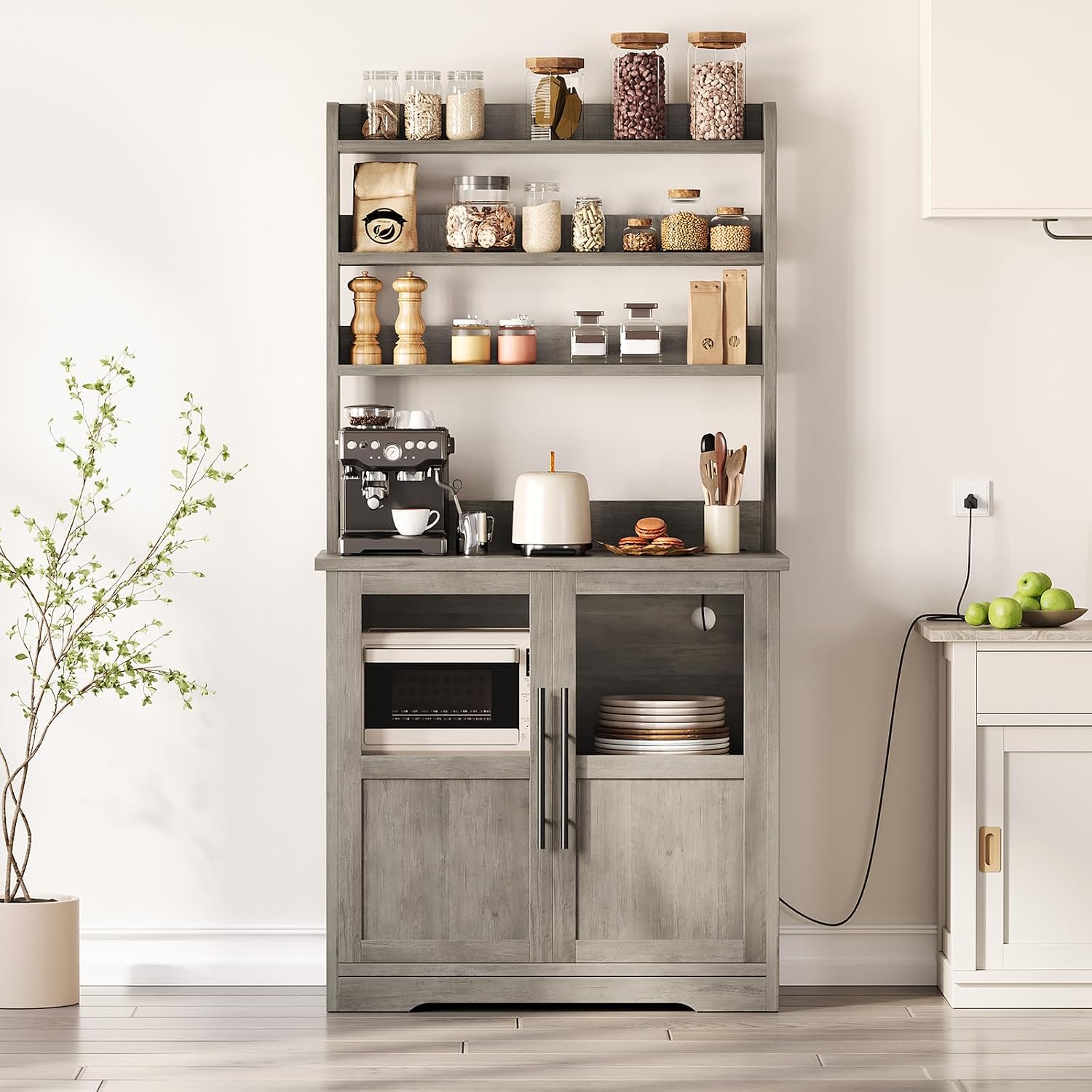 6-Tier Kitchen Bakers Rack,Storage, Power Outlet, and Glass Doors,Rustic Wood Coffee Hutch, Microwave Stand with 3 Open Shelves for Kitchen, Living Room, Dining Room,Gray