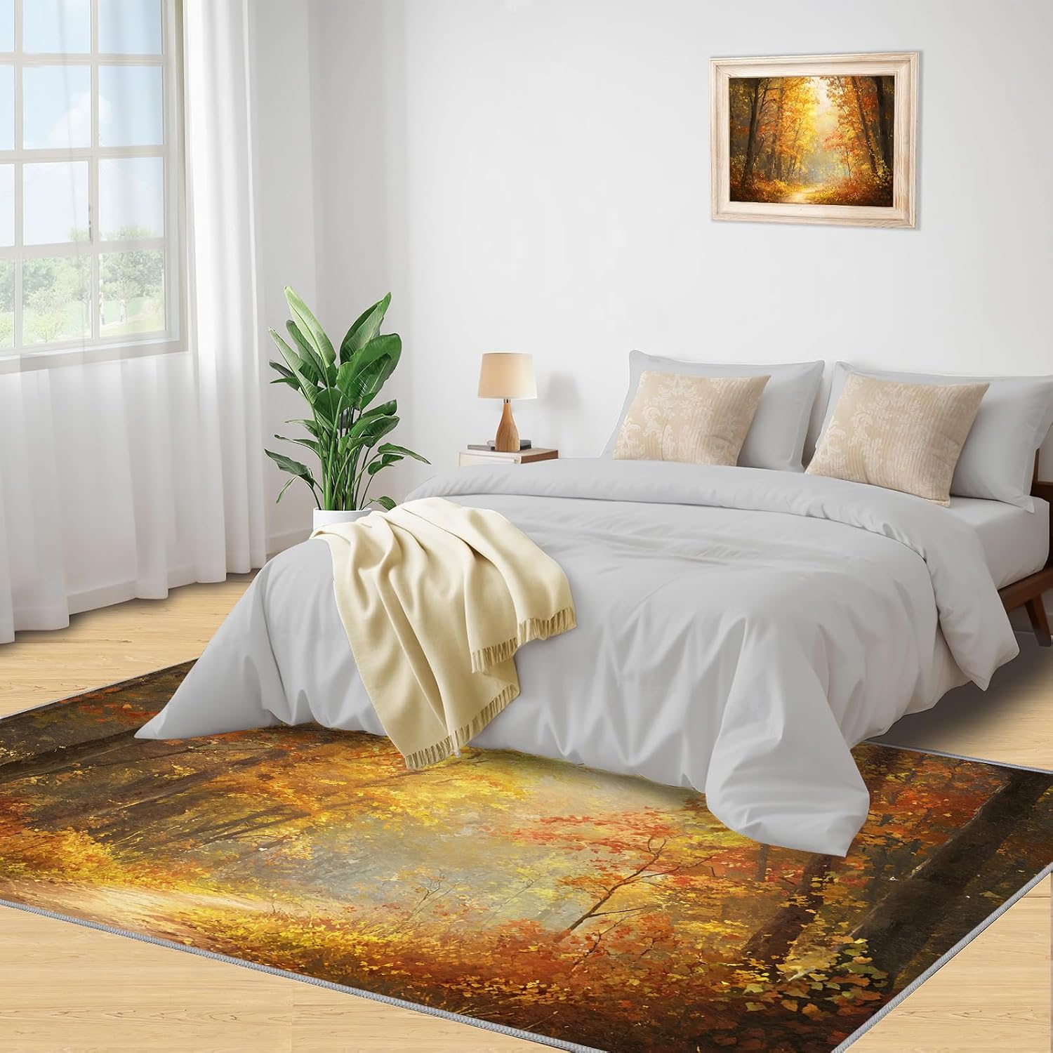 Autumn Forest Rug Large - 6x8 Rug, Fall Area Rugs for Bedroom, Maple Leaf Rugs for Living Room, Woodland Washable Mat, Landscape Carpet, Forest Home Decor & Gifts
