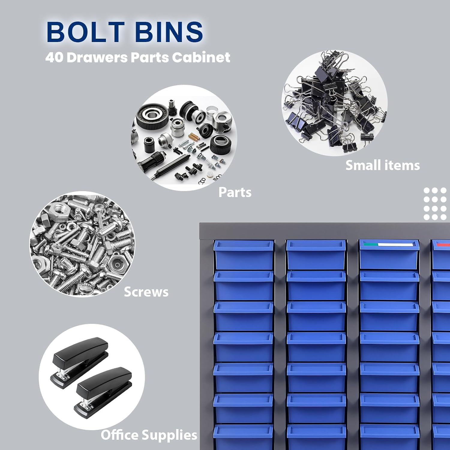 Alloy Steel Nuts and Bolts Organizers and Storage, 8.66' D x 21' W x 24.8' H, ABS Material Drawer Parts Cabinet with Labels and Dividers, Small Parts Organizer for Workshop, Office，Home (40 Drawers)