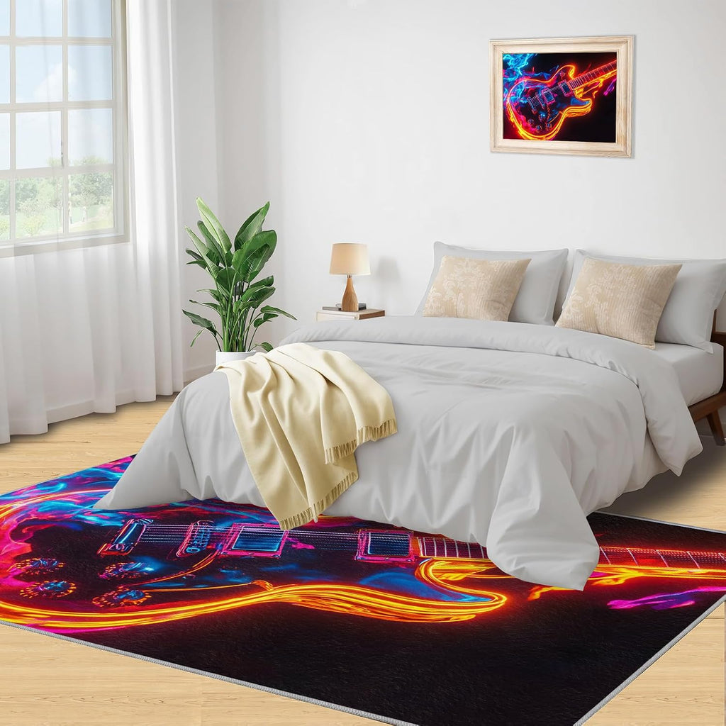 Burning Electric Guitar Rug for Bedroom 5x7 Rug Cool Instruments Rugs, Guitar Pattern Home Decor, Non Slip Washable Large Rugs, Rock Music Carpet for Boys and Girls Teen Playroom