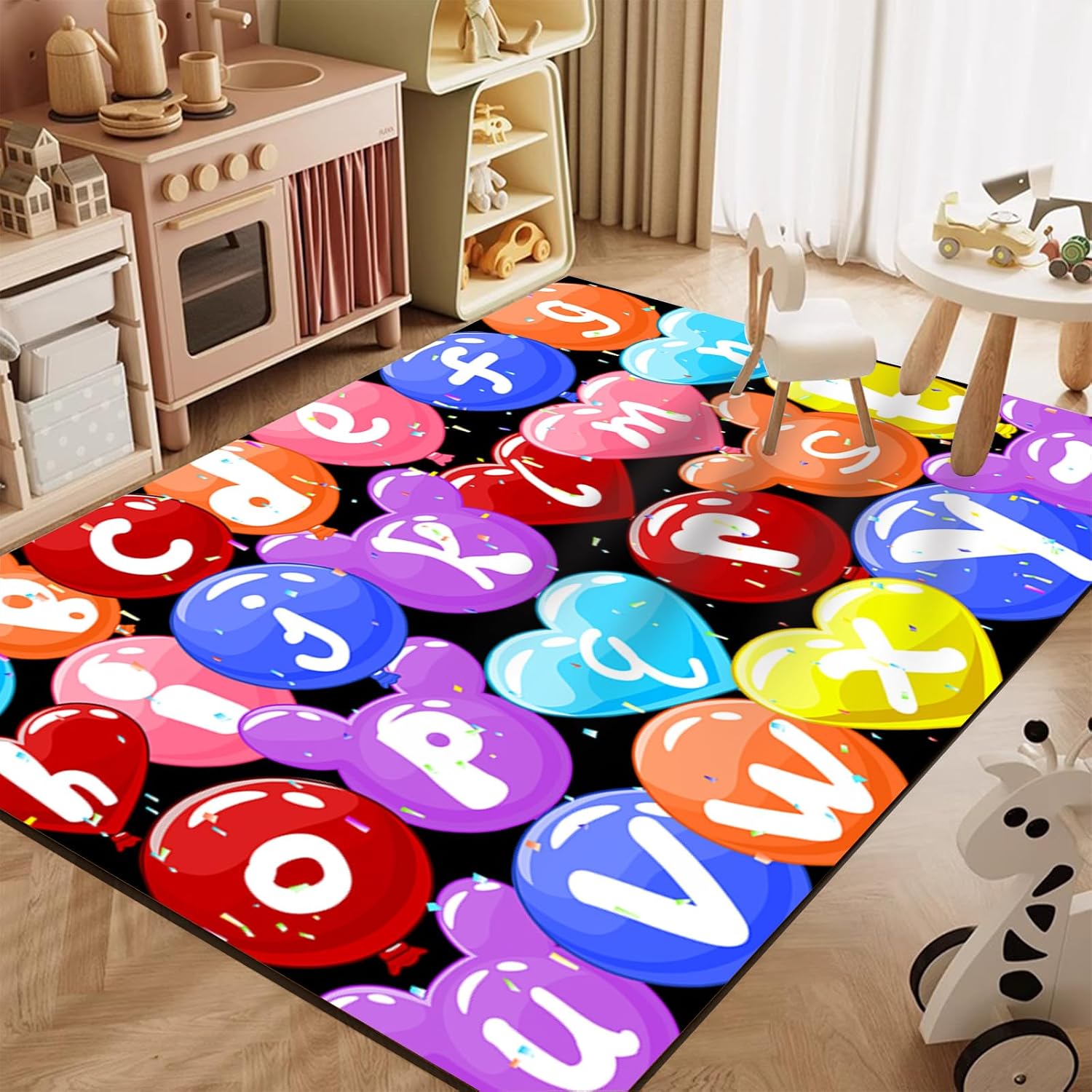 Balloon ABC Area Rugs, 6x8ft, Fun Colorful Balloon Learning Alphabet Daycare Rugs, Foldable Durable Low Pile Washable Carpet, Breathable Absorbent Home Decor Mat for Study Room Nursery