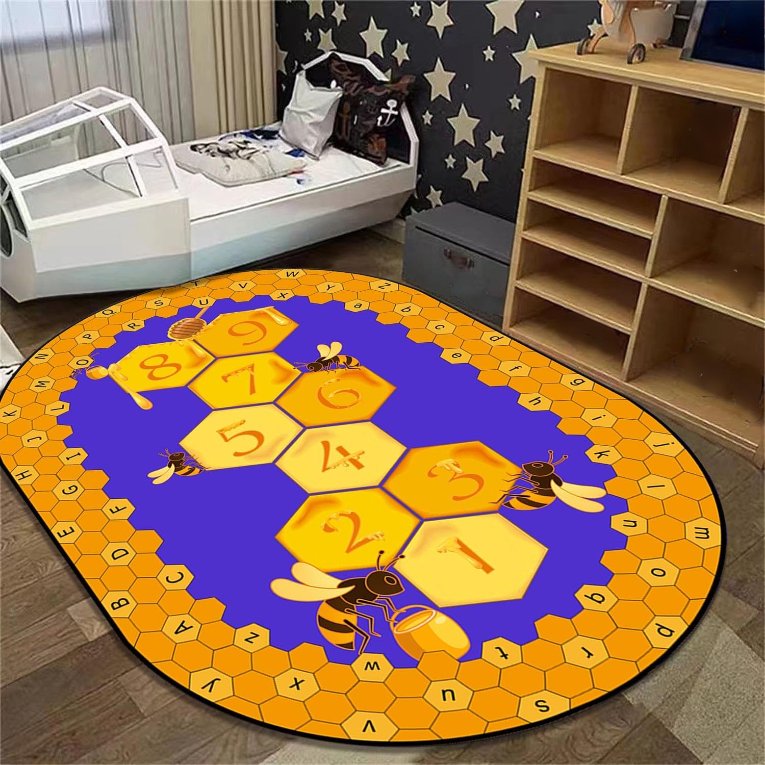 Bee ABC Alphabet Oval Area Rugs, 6x8ft, Yellow Beehive Honey Rugs for Indoor, Number 123 Hopscotch Game Kids Education Carpet, Easy Clean Low Pile Durable Mat for Kindergarten