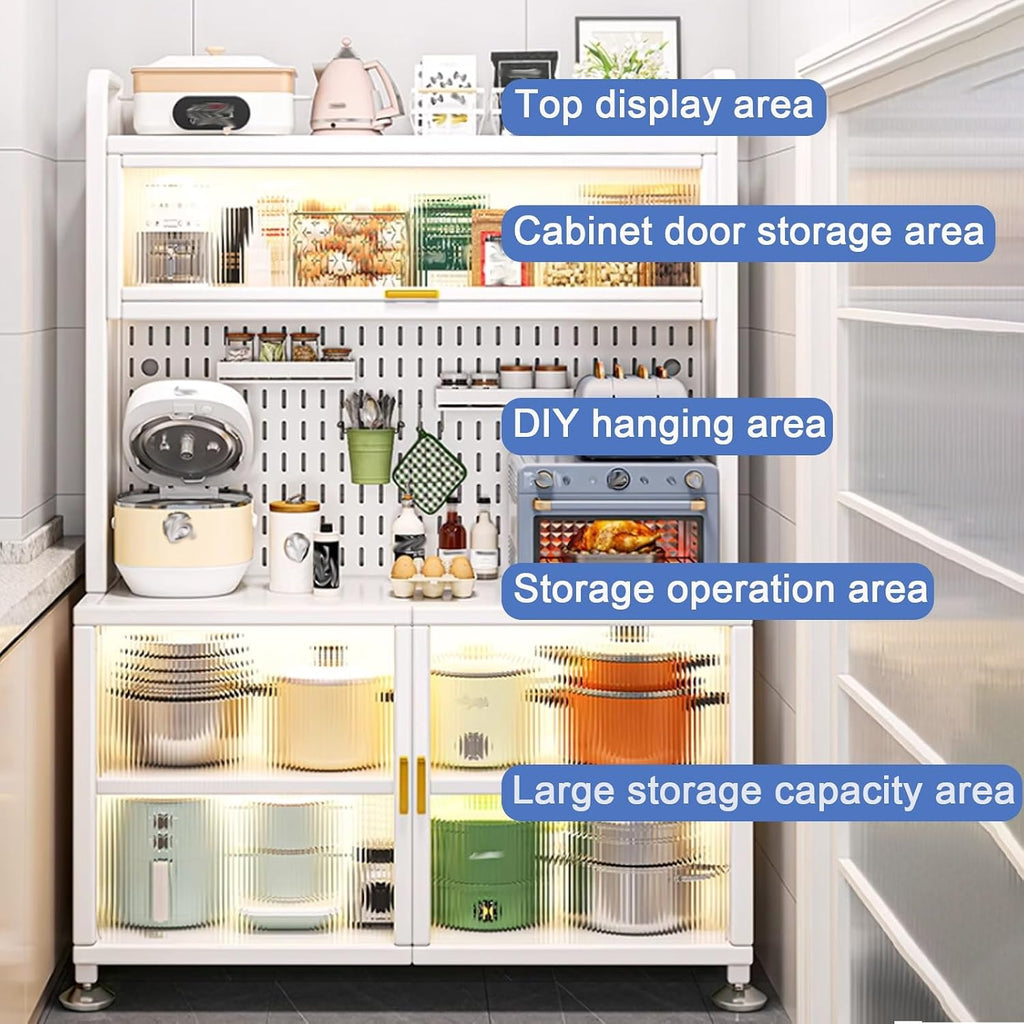 Microwave Stand, White Bakers Rack with Storage, Kitchen Hutch Pantry with See-Through Door Panels for Living Room, Study, Office
