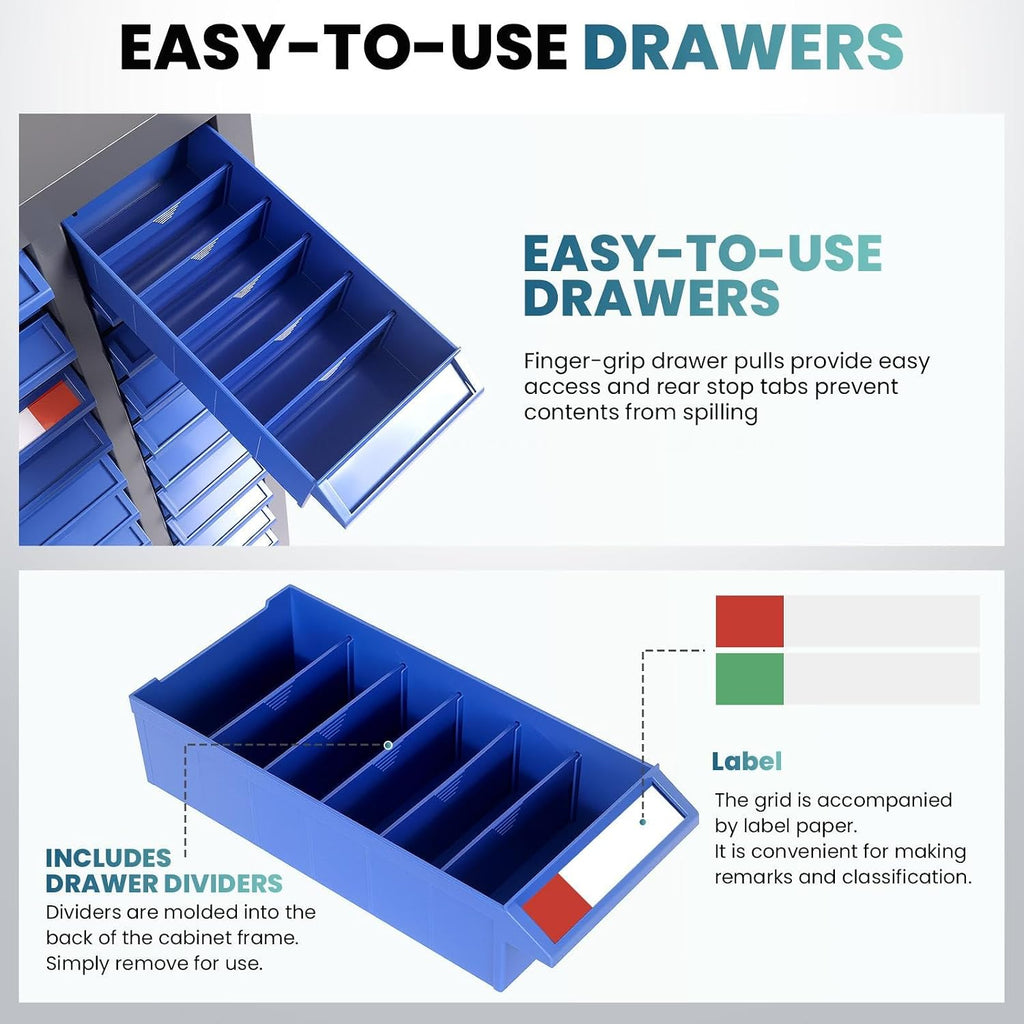 75 Drawers Parts Cabinet, Alloy Steel Tool Storage with Dividers, Nut and Bolt Organizer 25.8''L× 8.66''W×46''H, 44.5lbs Capacity for Tool Harware and Workshop, Blue (75 Drawers)