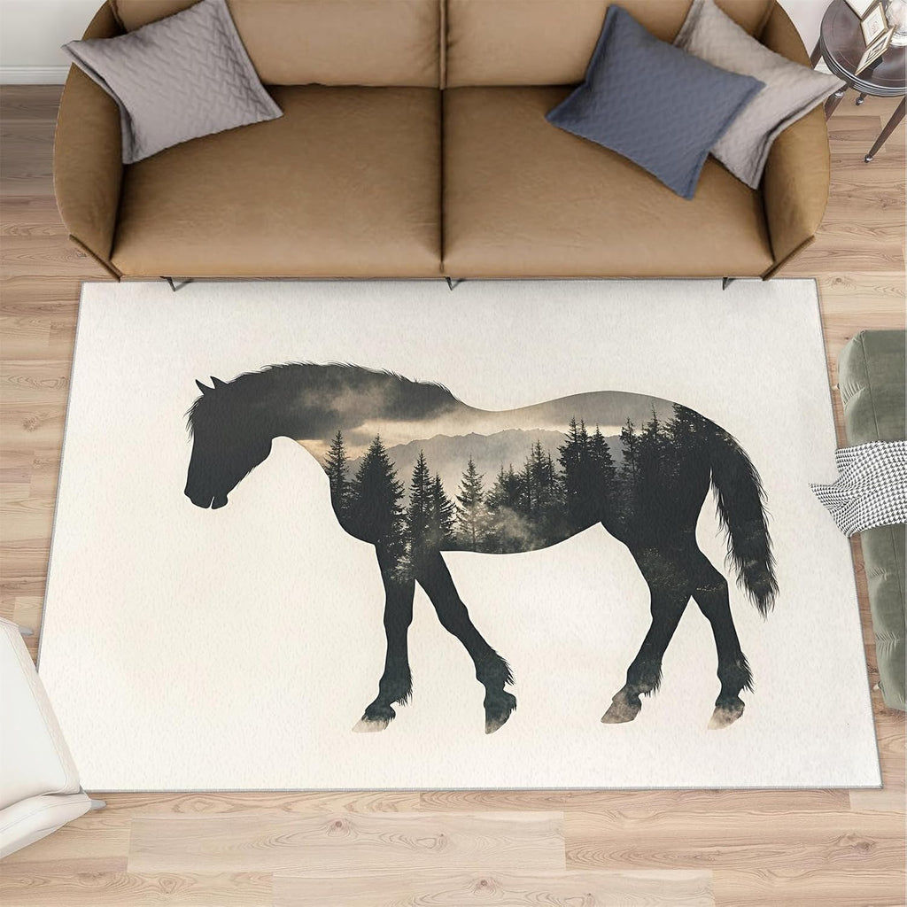 Horse Rugs for Bedroom, Black Horse Forest Rug 6x8, Animal Silhouette Dining Room Rugs Washable & Non Slip Large Carpet for Home Decor