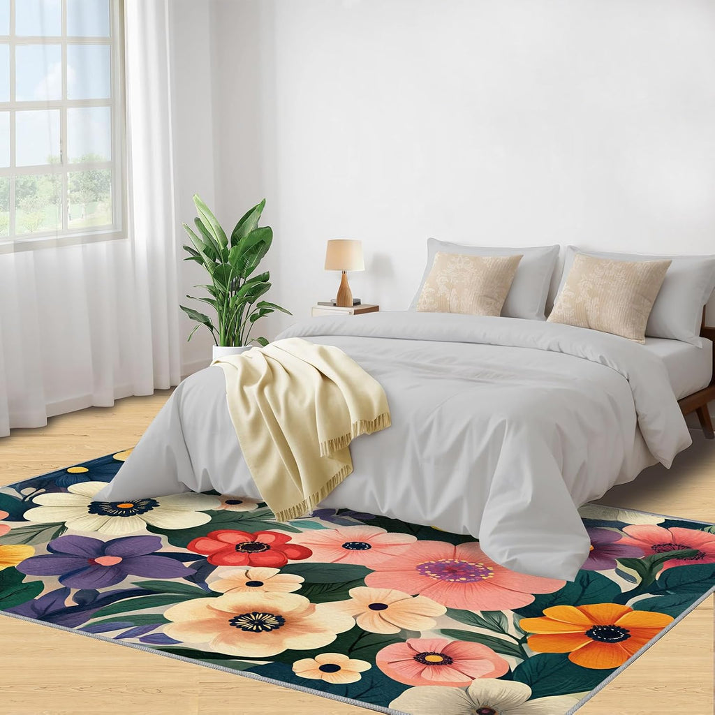 Boho Floral Area Rug Large - 6x8 Rug, Floral Botanical Rugs for Living Room, Watercolor Flower Carpet, Boho Washable Area Rugs for Bedroom, Aesthetic Carpet, Flower Home Decor