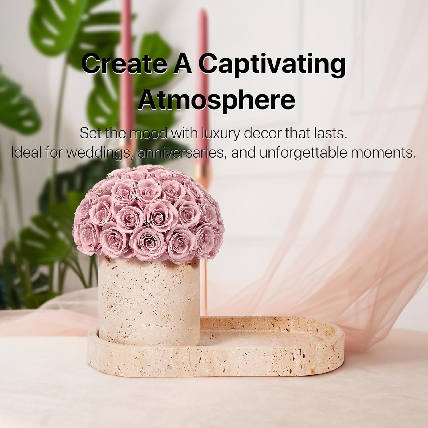 JoyFlower Preserved Flowers Vase, Yellow Travertine Flower Vases & Travertine Tray, Eternal Flower Decorations for Party Home Living Room Bedroom Coffee Table, Decorative Flower Vase House Decor(Pink)