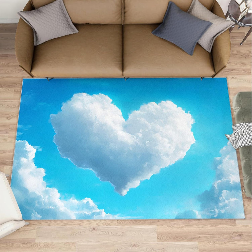 Blue Sky Rugs for Bedroom, Heart-Shaped Clouds Rug 6x8, Romantic White Clouds Dining Room Rugs Washable & Non Slip Large Carpet for Home Decor