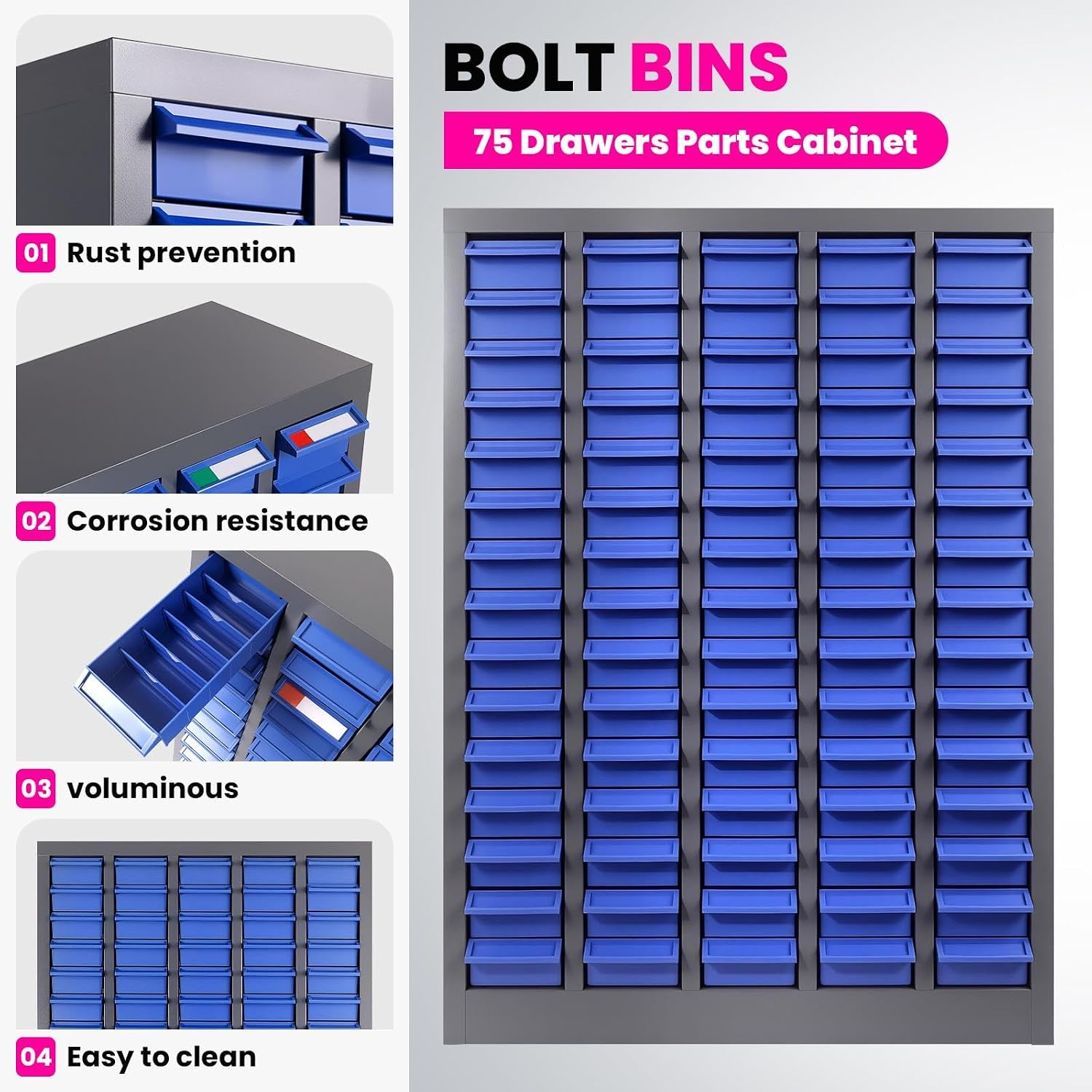 75-Drawer Parts Cabinet, Spill-Proof Bolt Bin Organizer with Removable Dividers, ABS Material Small Parts Cabinet, for Hardware and Craft Supplies Storage in Garage Workshop (25.8×7.8×35.4Inches)