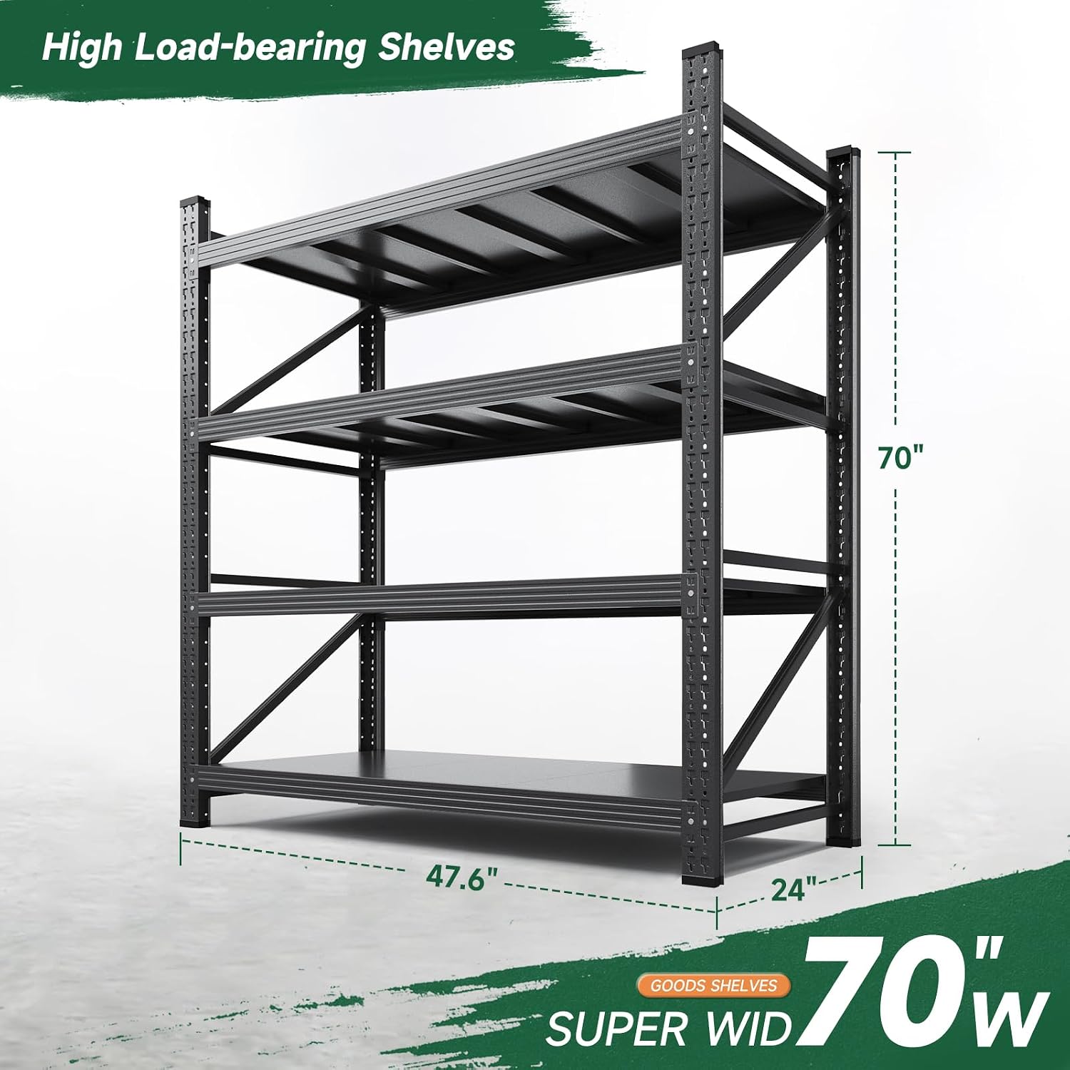 Letaya 3000LBS Storage Shelves Heavy Duty,70' H Garage Shelving Units, 4 Tier Adjustable Utility Rack Shelf,Large Metal Industrial Shelves,for Shop,Warehouse,Basement,Black (48' W x 24' D x 70' H)