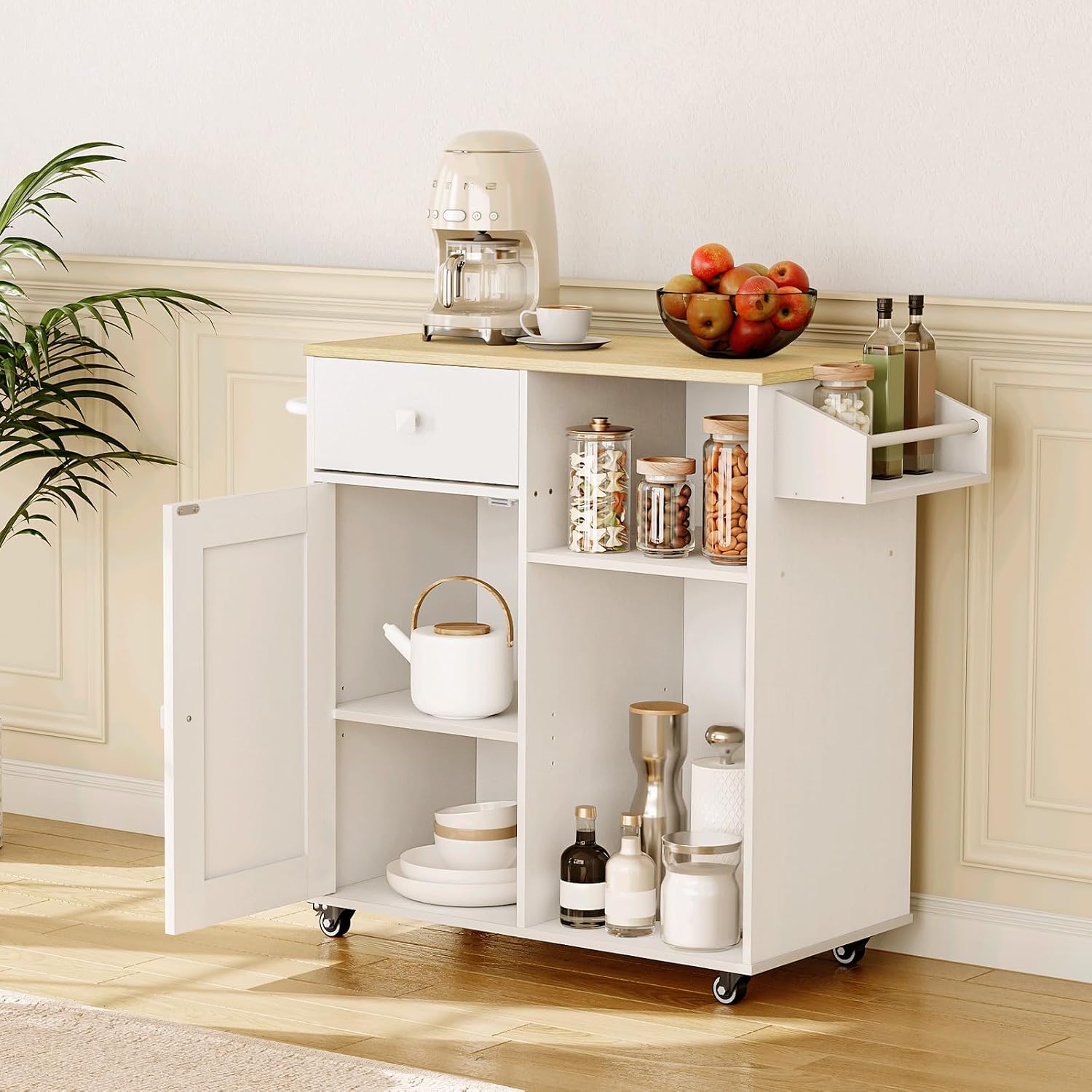 HOOBRO Kitchen Island with Power Outlet and Kitchen Island Bundle, Rolling Kitchen Cart on Wheels, for Home, Kitchen and Dining Room, White and Natural, WN82UZD01G1-WN12ZD01