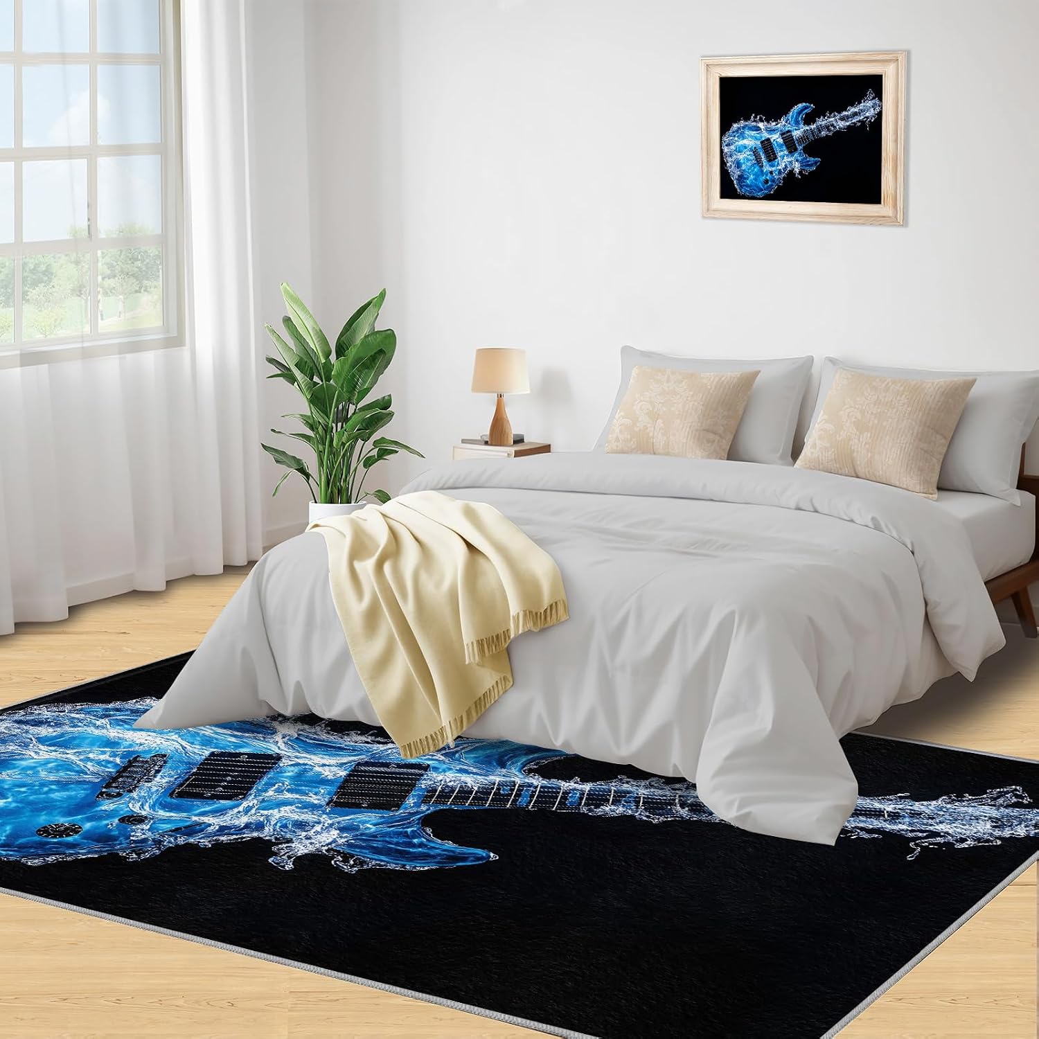 Electric Guitar Rugs for Music Room - 6x8 Rug, Music Area Rugs for Bedroom, Americana Guitars Rugs, Blue Guitars Washable Carpet for Nursery, Musical Carpet, Guitar Home Decor