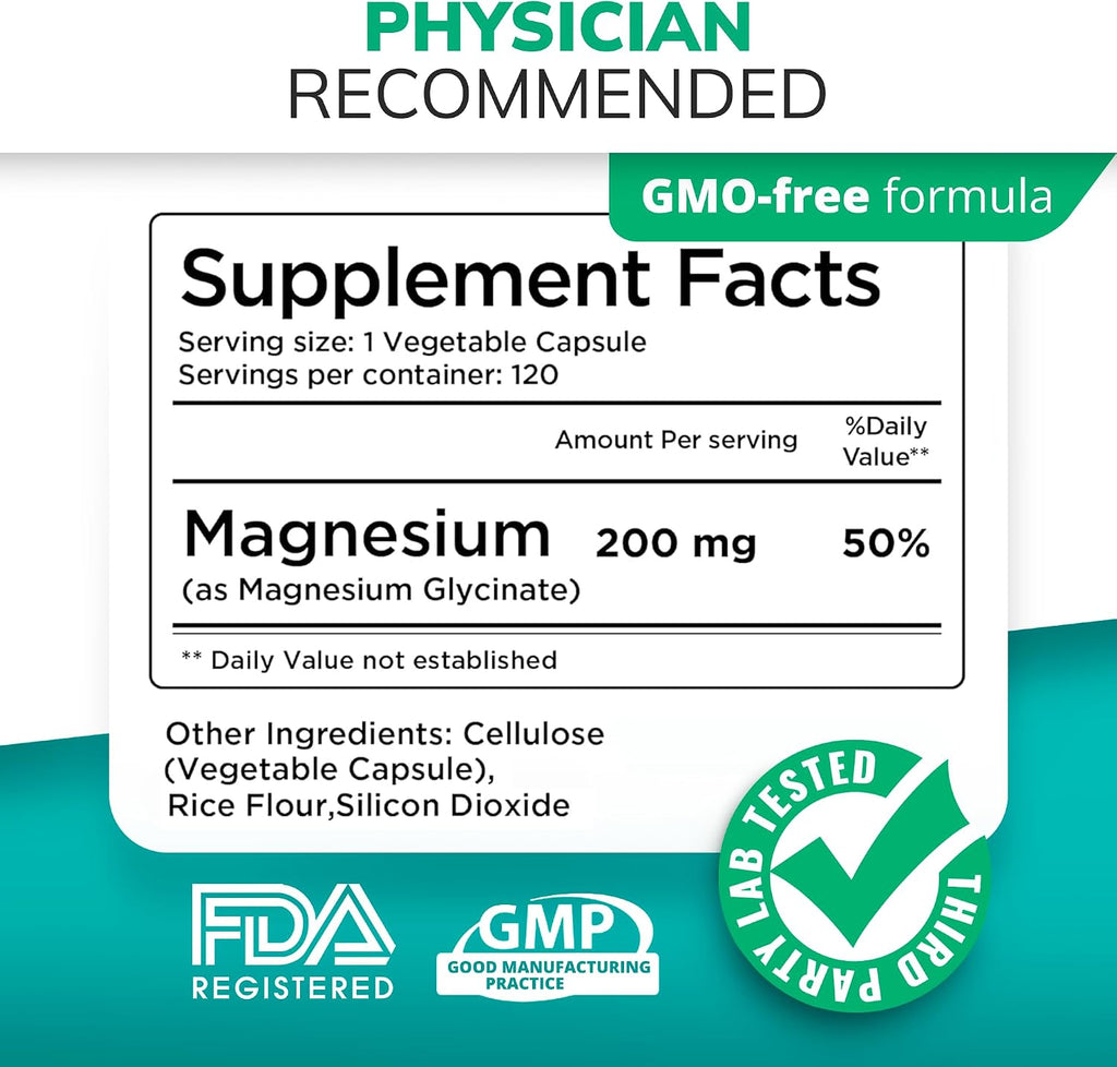 Balancebreens Magnesium Glycinate 200mg - Magnesium Bisglycinate Chelated Supplements for High Absorption - Non GMO and Gluten Free Gentle on Stomach for Restful Sleep and Muscle Support, 120 Count