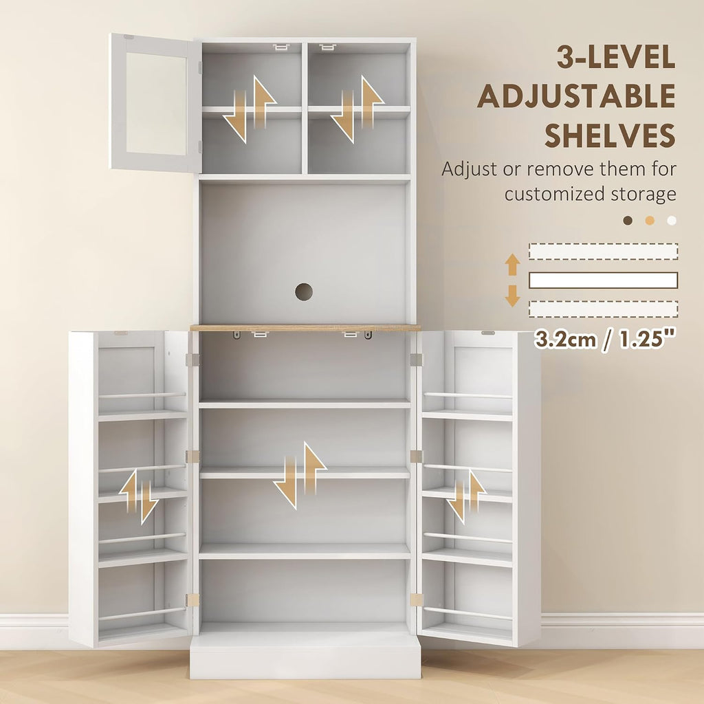 66' Adjustable-Shelf Freestanding Storage Cabinet, Kitchen Storage Bakers Rack with Microwave Stand, Utility Food Cupboard with Anti-tip Design for Kitchen Dining Areas, White