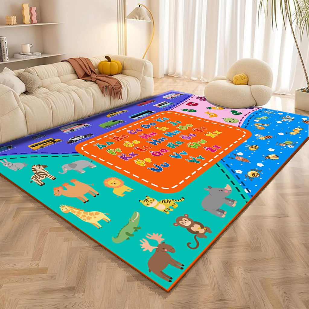 Cartoon Colorful Printed Kids Rug, 6x8ft, Learning Playing Multi-Functional Nursery Carpet, with Non Slip Backing Non Slip Rugs, Cozy Fade Resistant Playing Mat for Bedroom Living Room