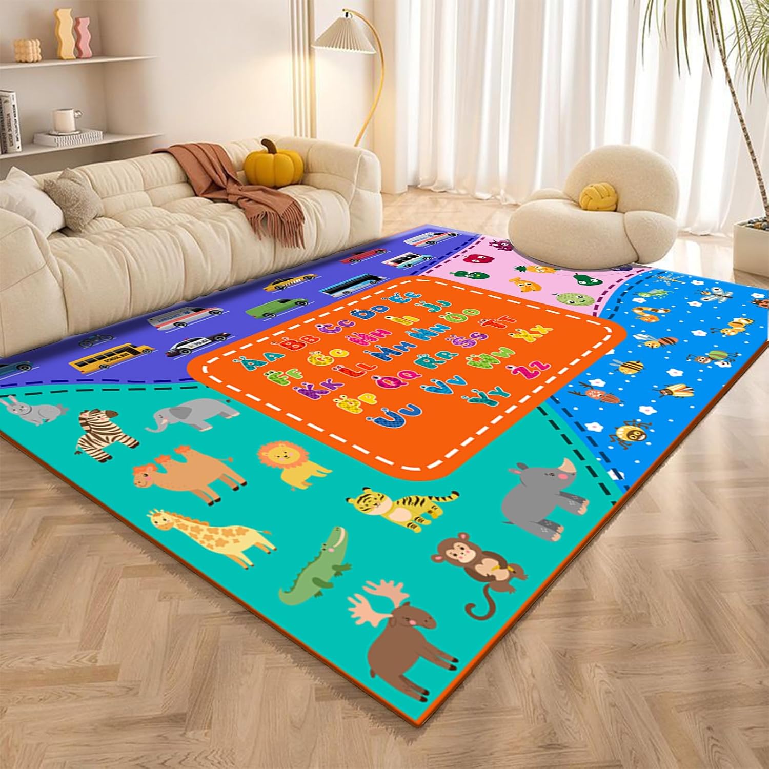 Cartoon Colorful Printed Kids Rug, 6x8ft, Learning Playing Multi-Functional Nursery Carpet, with Non Slip Backing Non Slip Rugs, Cozy Fade Resistant Playing Mat for Bedroom Living Room