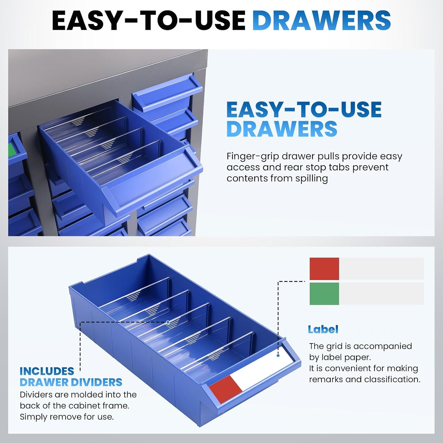 100 Drawers Parts Cabinet, Bolt and Nut Parts Equipment Organizer, ABS Material Drawer with Label Stickers, for Garage, Shop, Office, Sliver&Blue