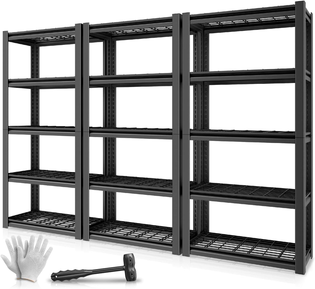 Auto Dynasty 5-Tier Storage Shelves Set of 3, 72' H (3000LBS Capacity) Adjustable Garage Shelving, Metal Storage Utility Rack Shelf Unit for Pantry Kitchen Warehouse, 72' H x 35' W x 16' D, Black