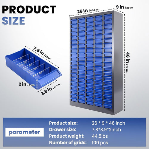 100 Drawer Alloy Steel Nut and Bolt Organizer, ABS Material Bolts Organizer, 26' L×9' W×46' H Nuts and Bolts Organizers and Storage, Bolt Bins Organizers for Shop Garage Workshop (100 Drawer)