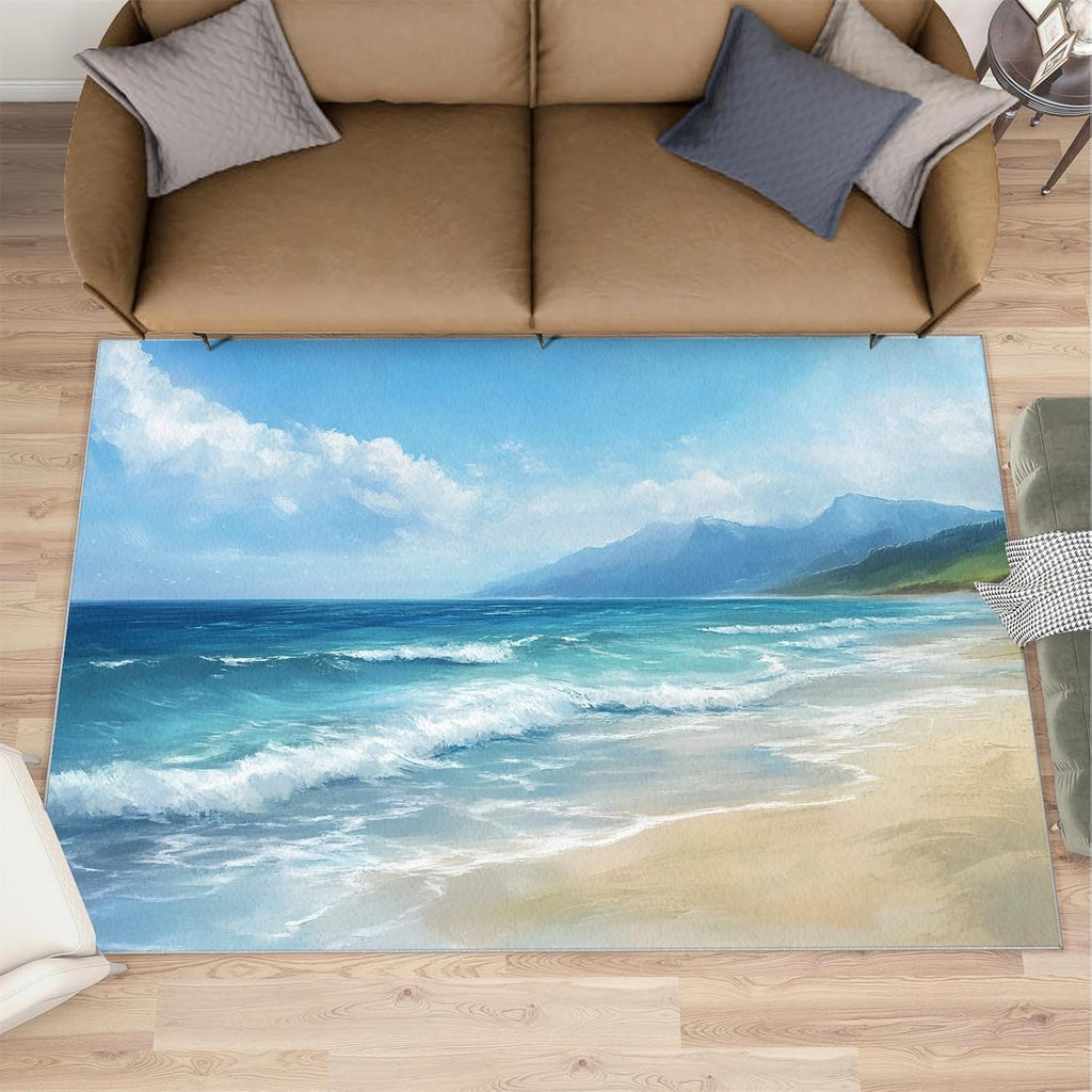 Summer Beach Rug Large - 6x8 Rug, Coastal Area Rugs for Bedroom, Blue Ocean Rugs for Living Room, Landscape Washable Mat, Tropical Sea Carpet, Beach Home Decor & Gifts