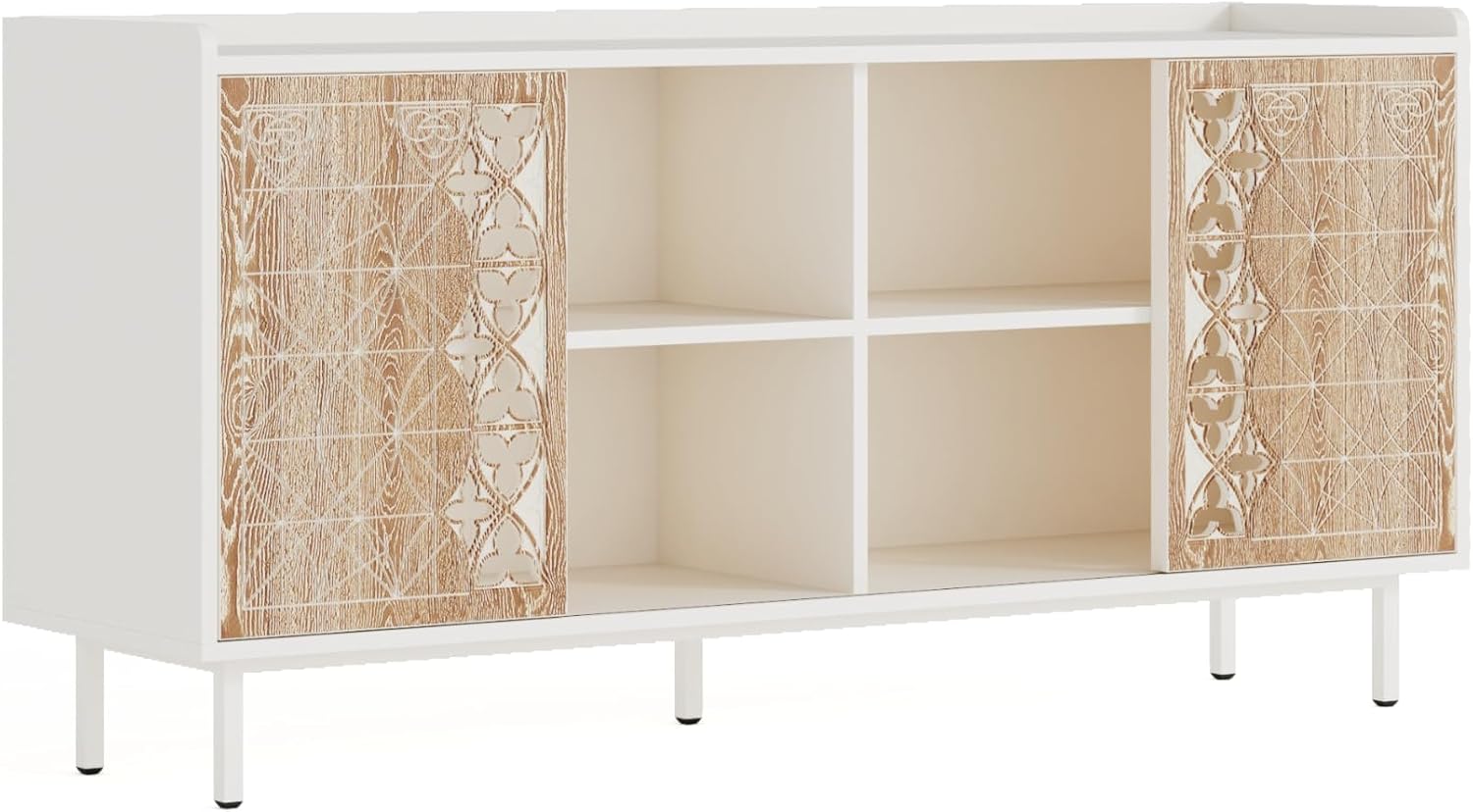 59' Rustic Solid Wood Freestanding Storage Cabinet, Kitchen Storage Bakers Rack with Sliding Doors, Utility Food Cupboard with Ample Storage for Living Room and Kitchen, White+Vintage