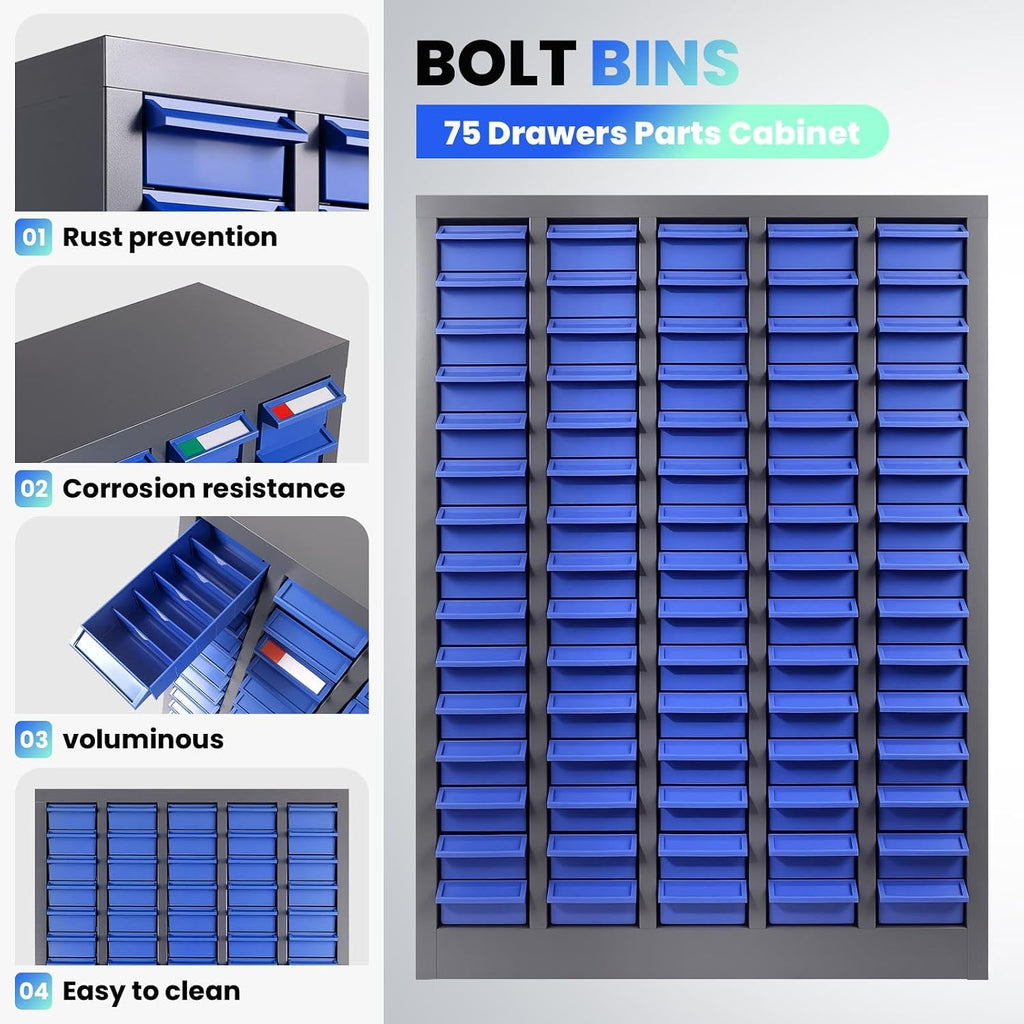 75 Drawers Versatile Parts Cabinet, Professional Nut and Bolt Organizer with Bolt Bins Storage System, Essential Hardware Organizer for Workshop, Garage & Home Studio