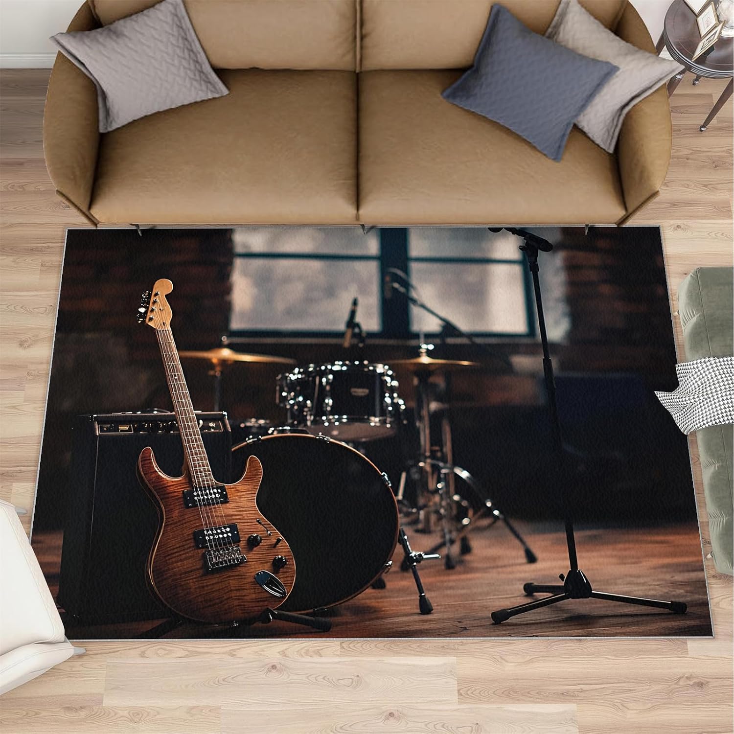 Guitar Rug & Home Decor - Retro Rugs for Living Room, Hip Hop Washable Rugs for Bedroom, Rock and Roll Carpet, Non Slip Indoor Guitar Area Rug & Music Room Decor 6x8 ft