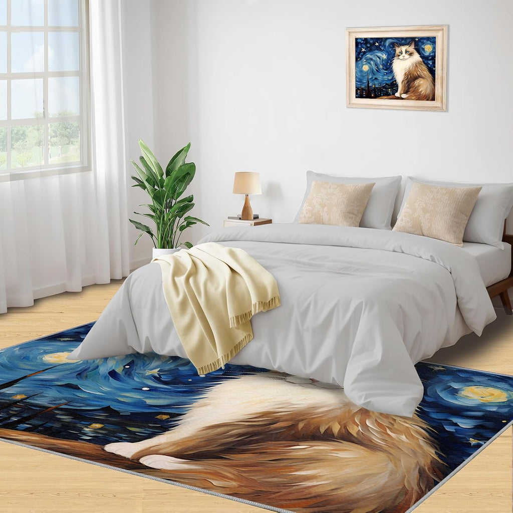 6x8 Area Rug - Starry Sky Ragdoll Cat Large Rugs for Living Room, Post-Impressionist Art Painting Carpet Area Rug for Girls Bedroom Kids Room Basement Office Classroom