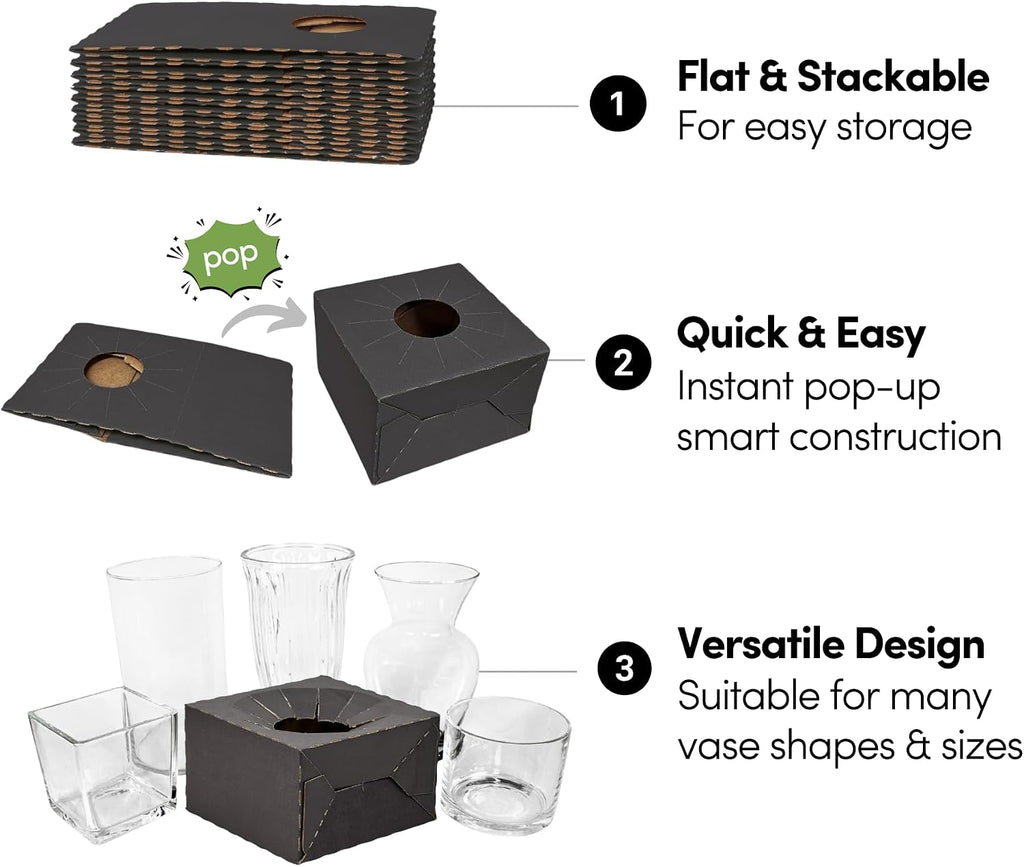 Holiday Designs - Pop-Up Florist Delivery Box, Heavy Duty Corrugated Cardboard Vase Boxes for Secure Floral Arrangements During Transport, 8 x 8 x 5 (Black, Large: Case of 50)