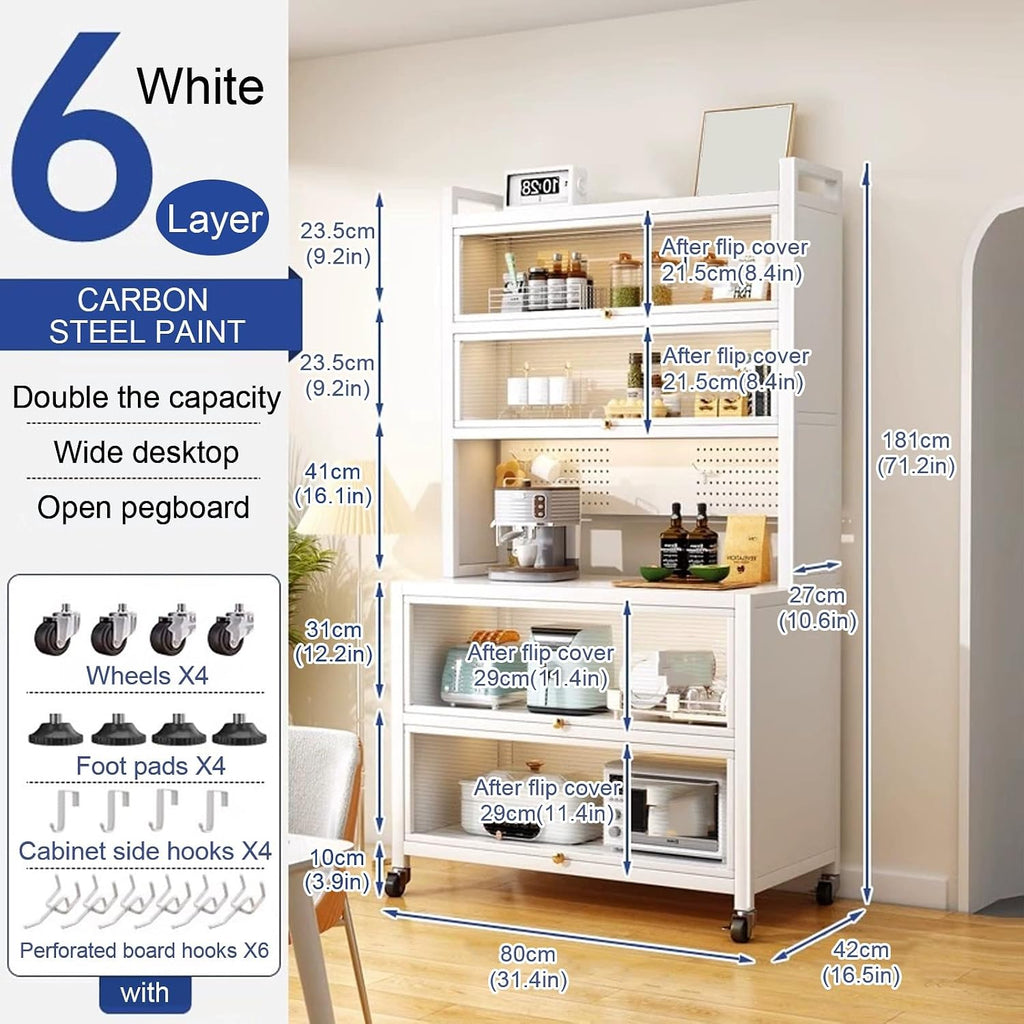 6 Tier Bakers Racks with Storage for Kitchens, Kitchen Pantry Hutch with Countertop, for Garage Pantry Home Kitchen(80cm)