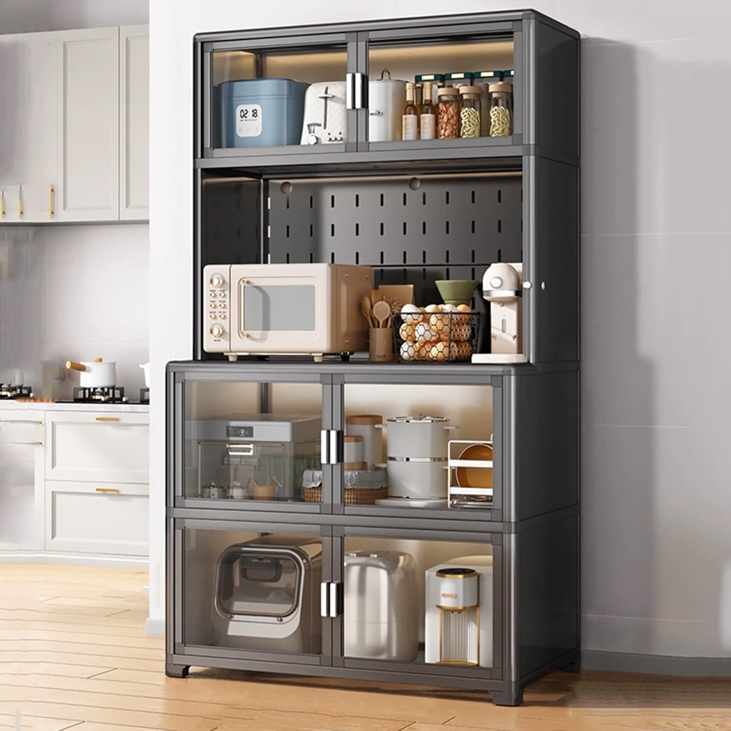 Bakers Rack with Storage, Metal Kitchen Storage Cabinet, Large Capacity, Expanded Space, with Spice Rack X 2, Chopstick Holder X 1, Hook X 4(Black,60cm)