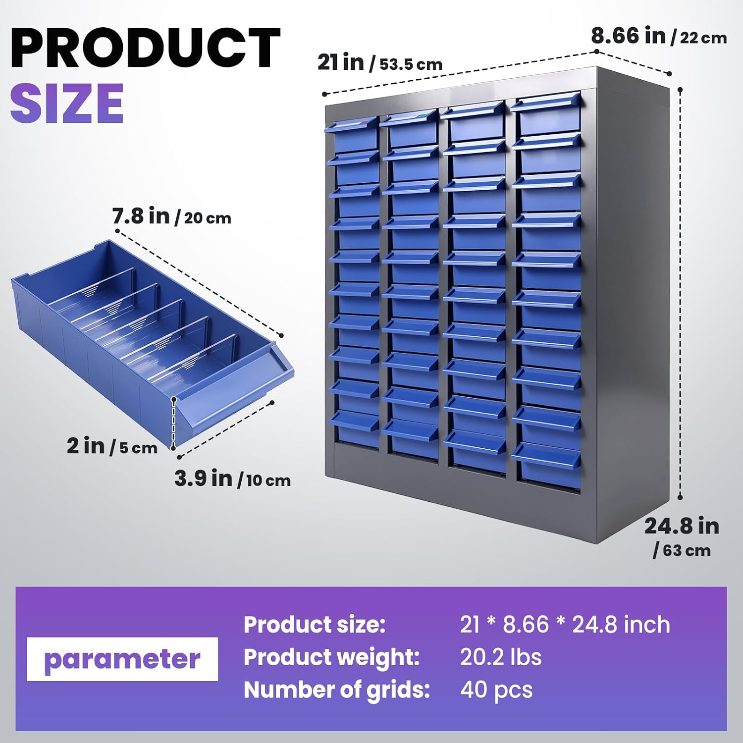 40 Drawers Parts Cabinet, 21' D x 9' W x 25' H Stainless Steel Nut and Bolt Organizer, Bolt Organizer with Adjustable Shelves and Label Stickers for Workshop Garage Warehouse (40 Drawers)