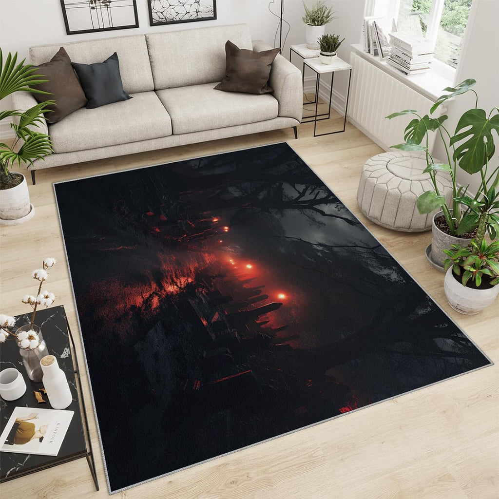 Cityscape Rug for Kids Room - 6x8 Large Rug, Natural Disaster Rugs for Bedroom Forest Night Scene Area Rugs for Living Room Home Decor Washable Rug