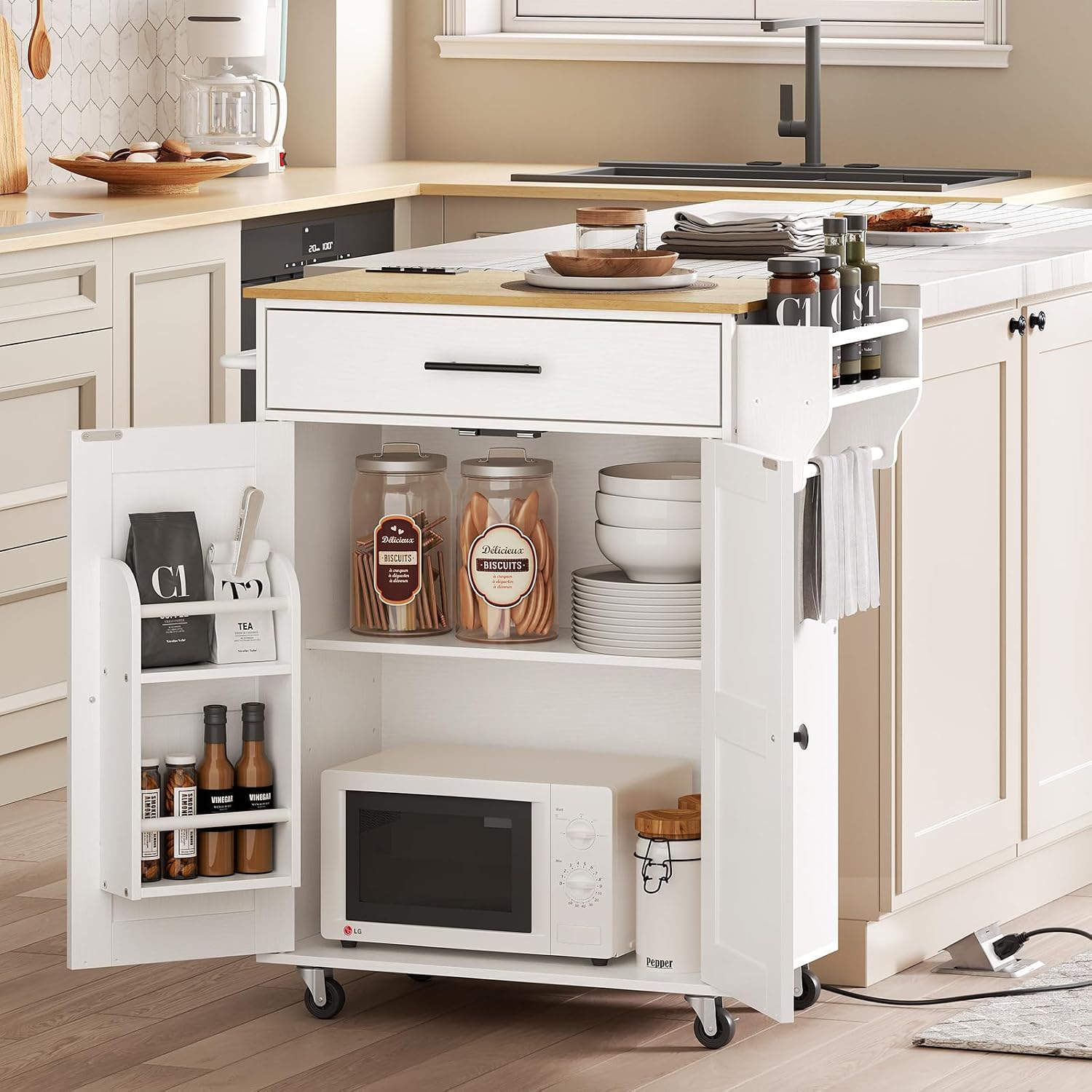 HOOBRO Kitchen Island and Kitchen Storage Island with Power Outlet, Rolling Kitchen Cart on Wheels, for Home, Kitchen and Dining Room, White and Natural WN82UZD01G1-WN88UZD01
