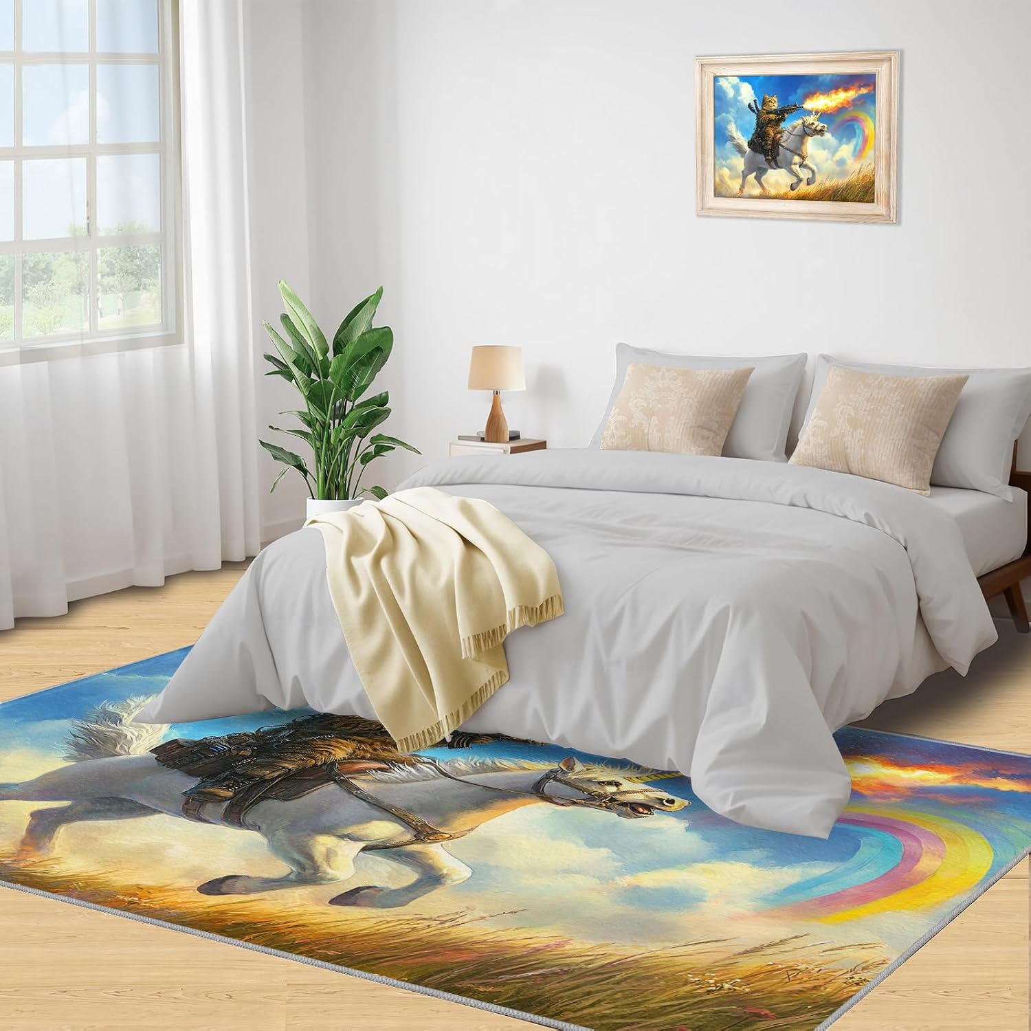 Cartoon Rugs for Living Room, Animal Print Rug, Horse & Cat Prints Washable Rugs for Bedroom, Low Pile & Non Slip, Indoor Carpet, 6x8 Area Rug & Home Decor