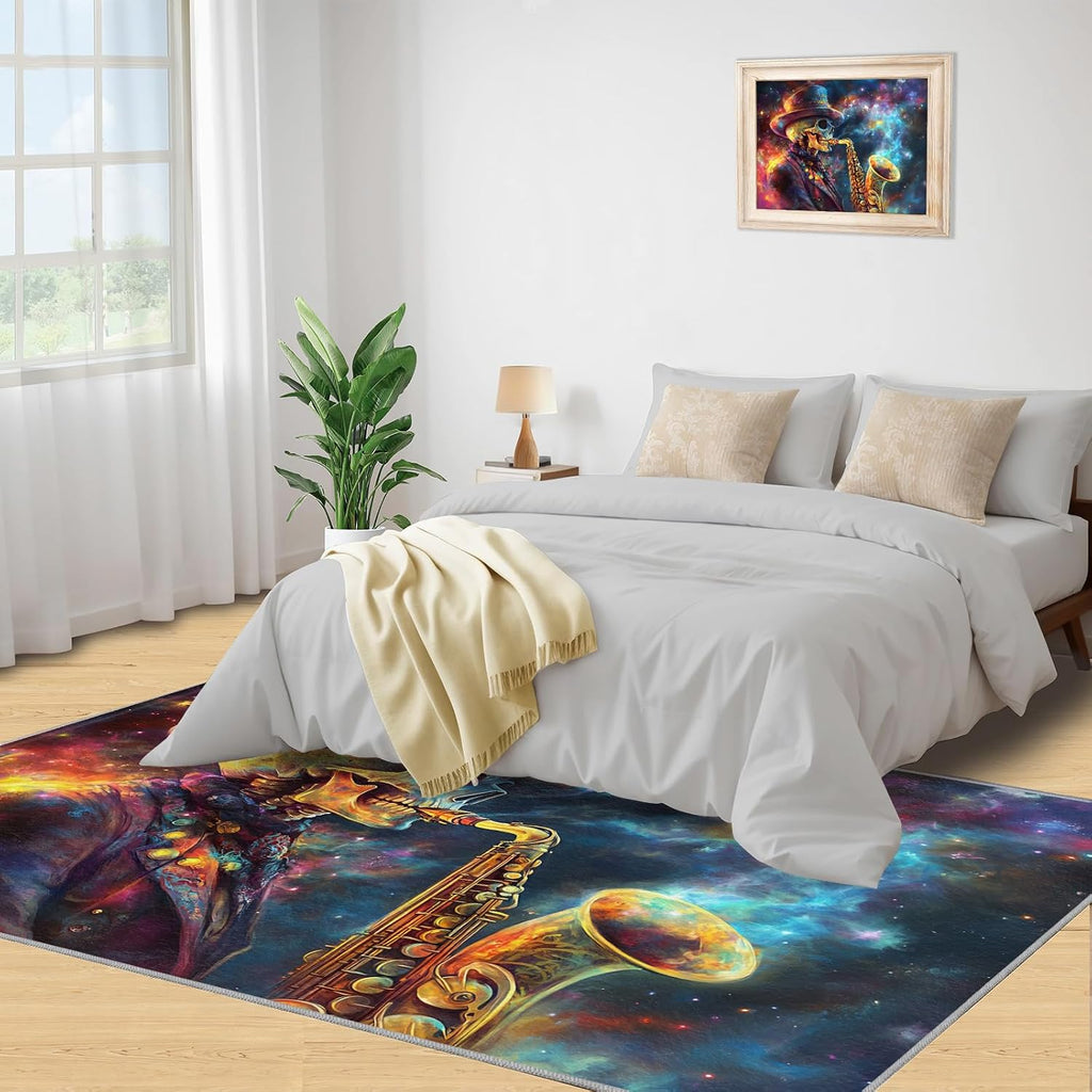 Saxophone Rug for Bedroom 6x8 Rug Skull Rugs, Gothic Style Home Decor, Non Slip Washable Large Rugs, Abstract Musical Instrument Carpet for Boys and Girls Teen Playroom