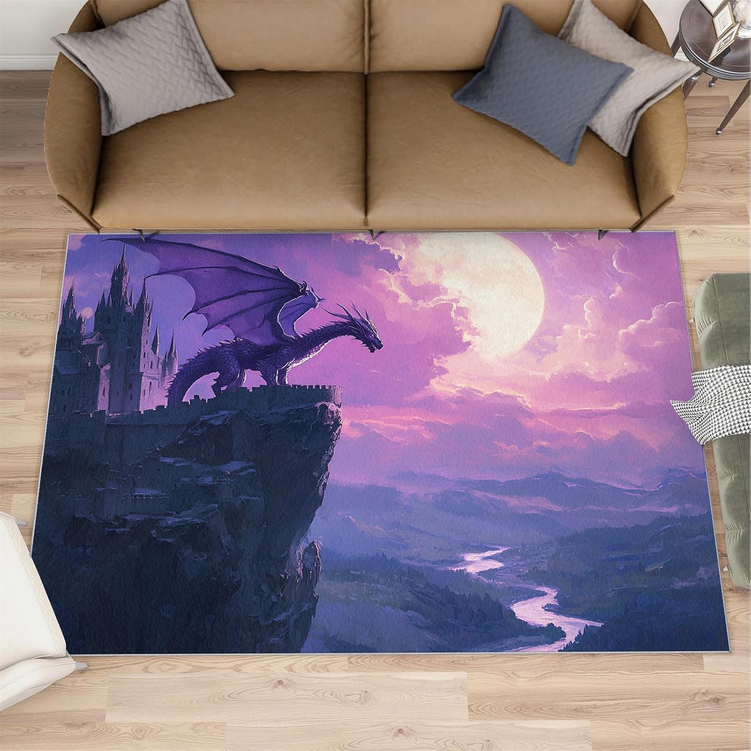 Dragon Rug 6x8, Castle Rugs for Bedroom, Dragon Area Rug, Home Decor Rugs for Living Room, Non-Slip Machine Washable Carpet