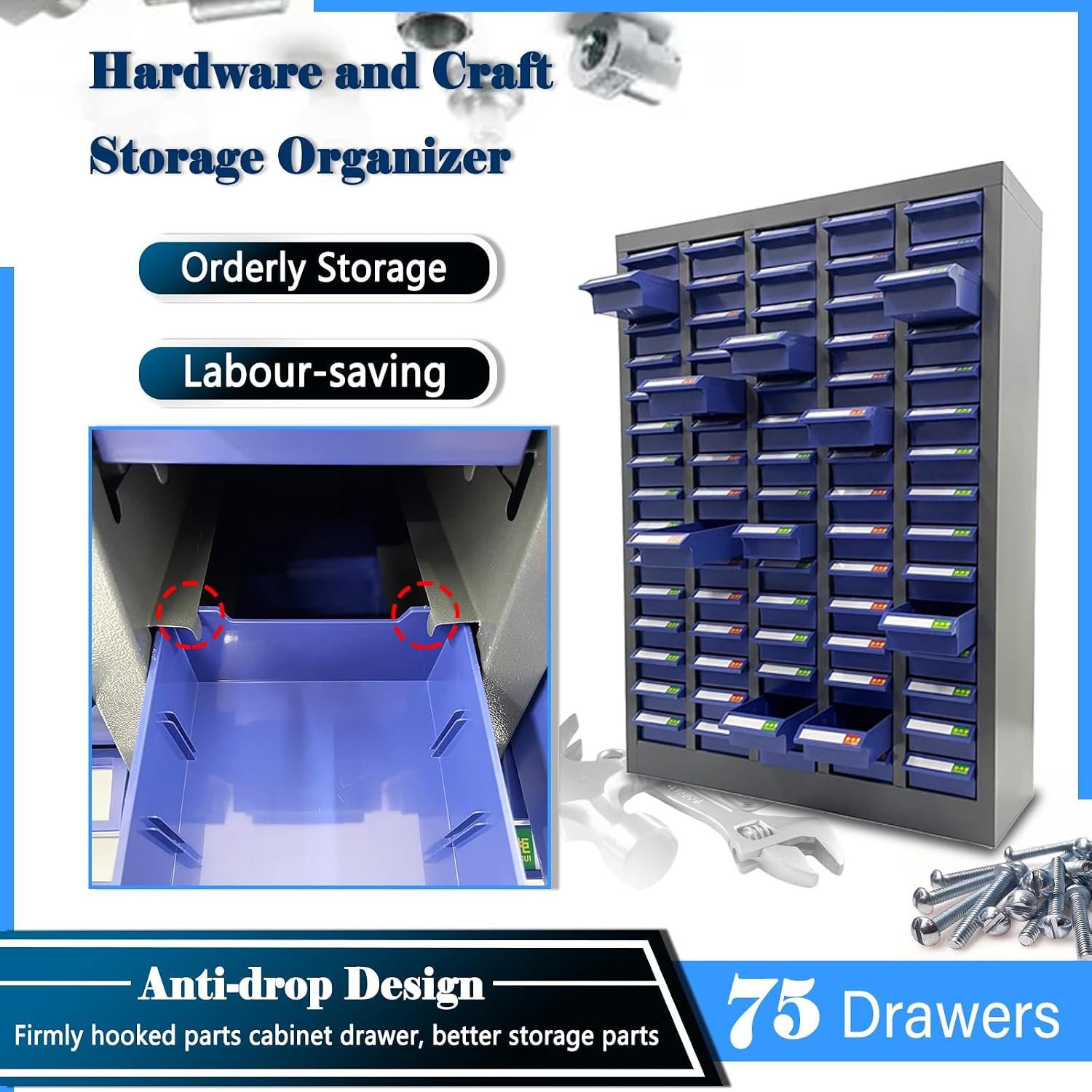 75 Drawers Bolt Bin Cabinet Nut and Bolt Organizer ABS Marterial with Partitions and Labels for Workshop Garage Hardware Storage