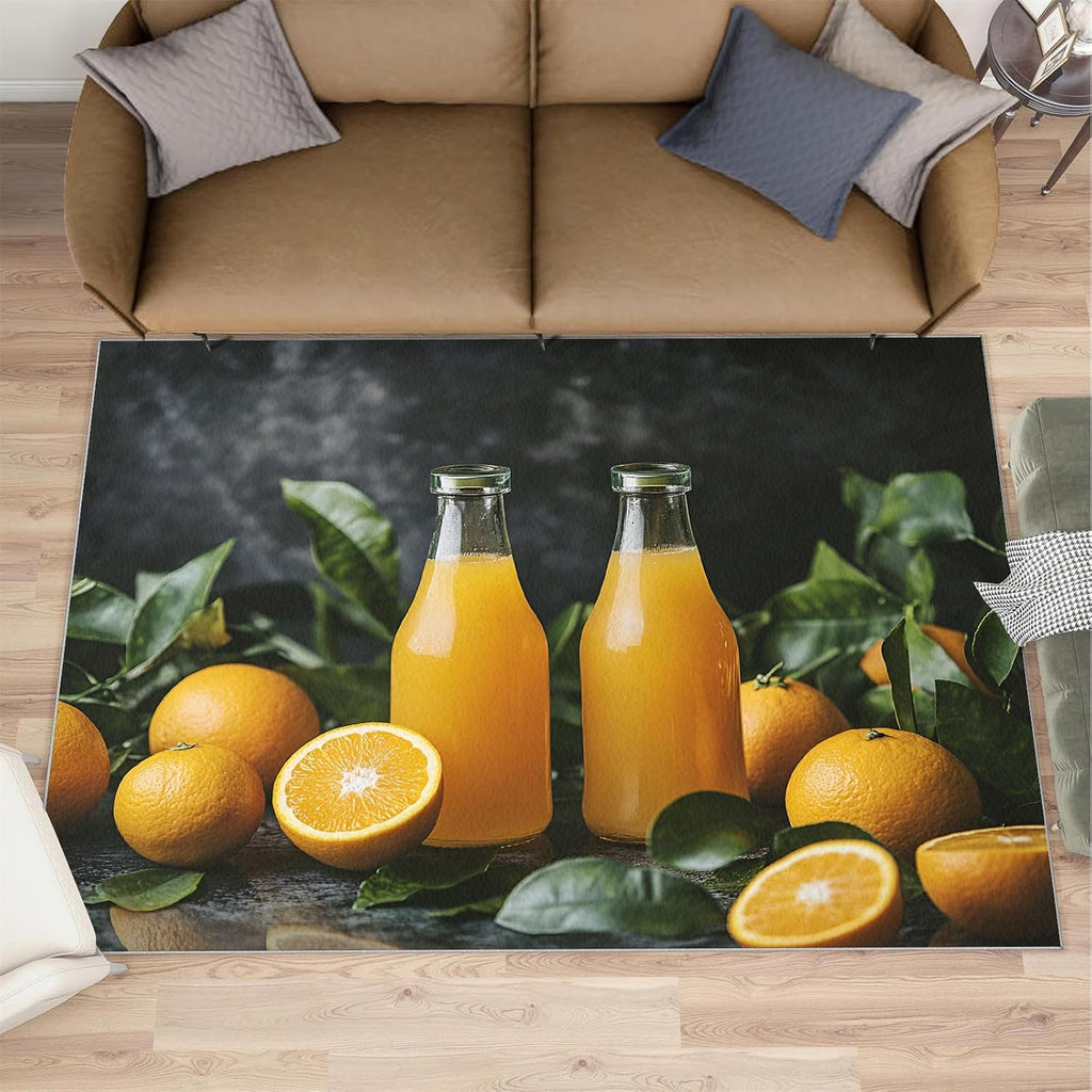 Orange Juice Area Rug Large - 6x8 Rug, Oranges Rugs for Living Room, Fruit Carpet, Fruits Drink Washable Area Rugs for Bedroom, Modern Carpet, Orange Home Decor