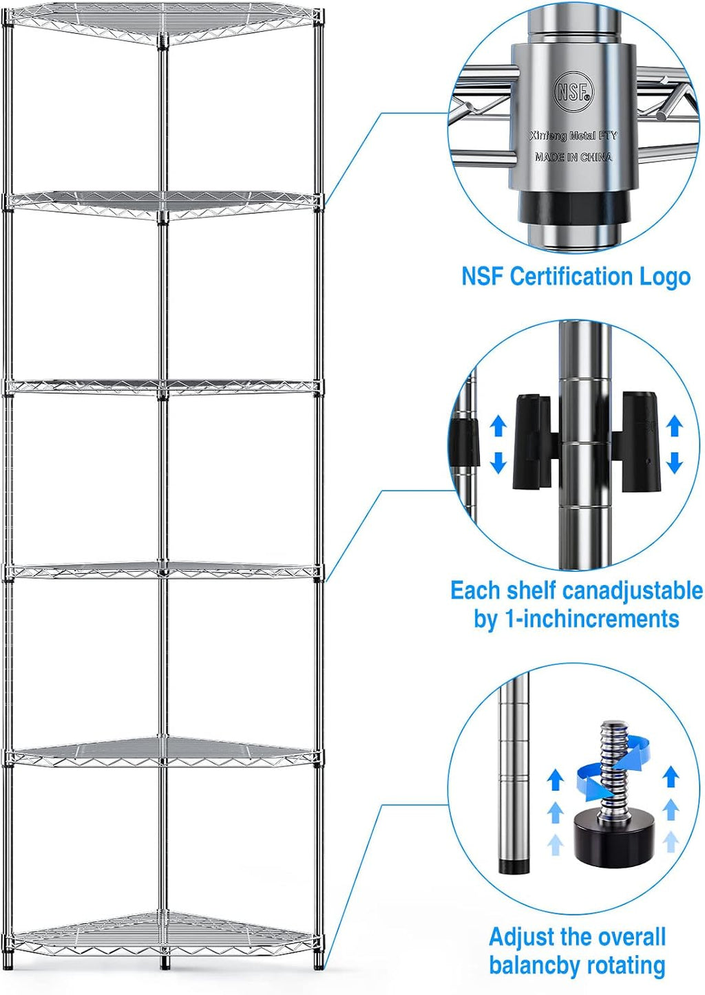 Wire Shelving Unit 6 Tier NSF Metal Corner Shelf , 600lbs Capacity Heavy Duty Adjustable Pentagonal Storage Rack with Shelf Liners for Kitchen Garage Office Room, 72'H x 20'L x 20'D - Chrome