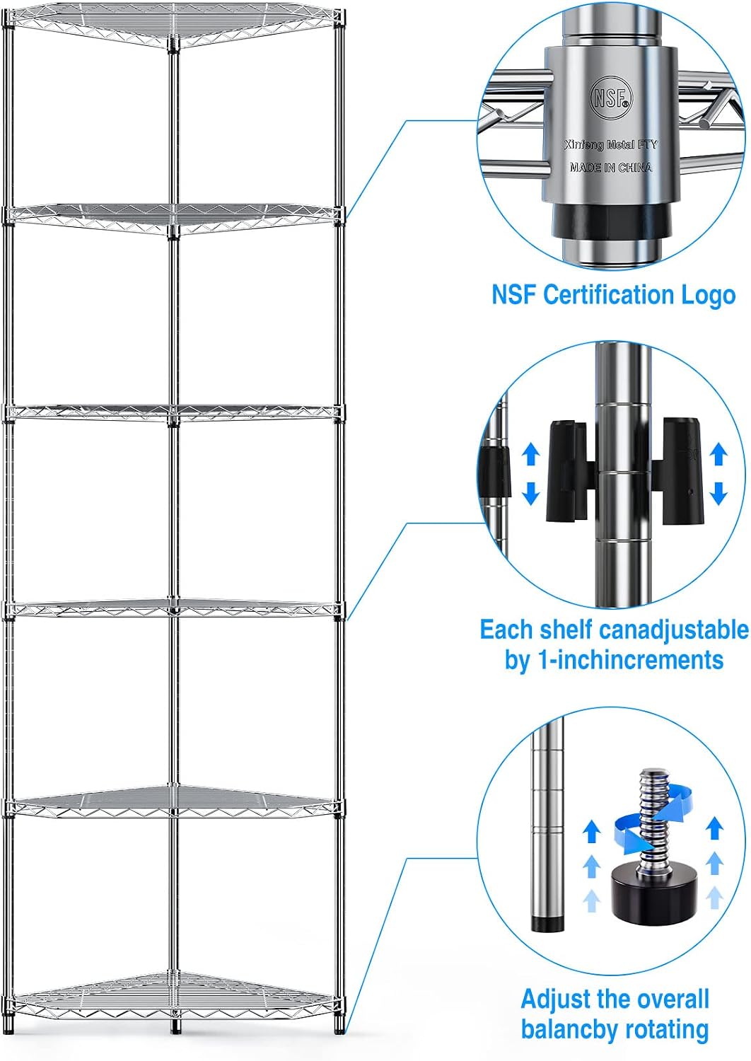 Wire Shelving Unit 6 Tier NSF Metal Corner Shelf , 600lbs Capacity Heavy Duty Adjustable Pentagonal Storage Rack with Shelf Liners for Kitchen Garage Office Room, 72'H x 20'L x 20'D - Chrome
