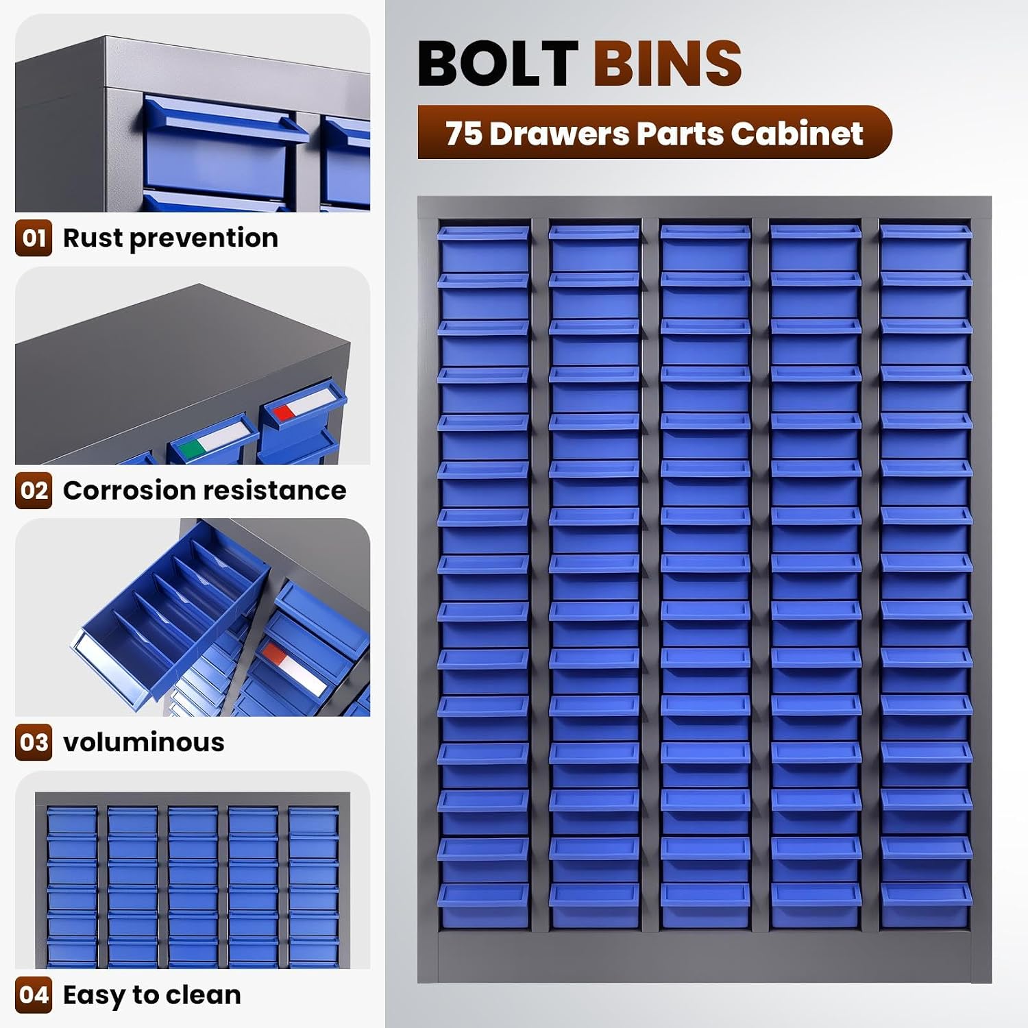 75-Drawer Nut and Bolt Organizer, Small Parts Organizer with Alloy Steel Frame & ABS Drawers, Bolt Bin for Garage, Teacher Toolboxes, Makeup & Workshop, Tool Hardware Storage (75-grid drawer)