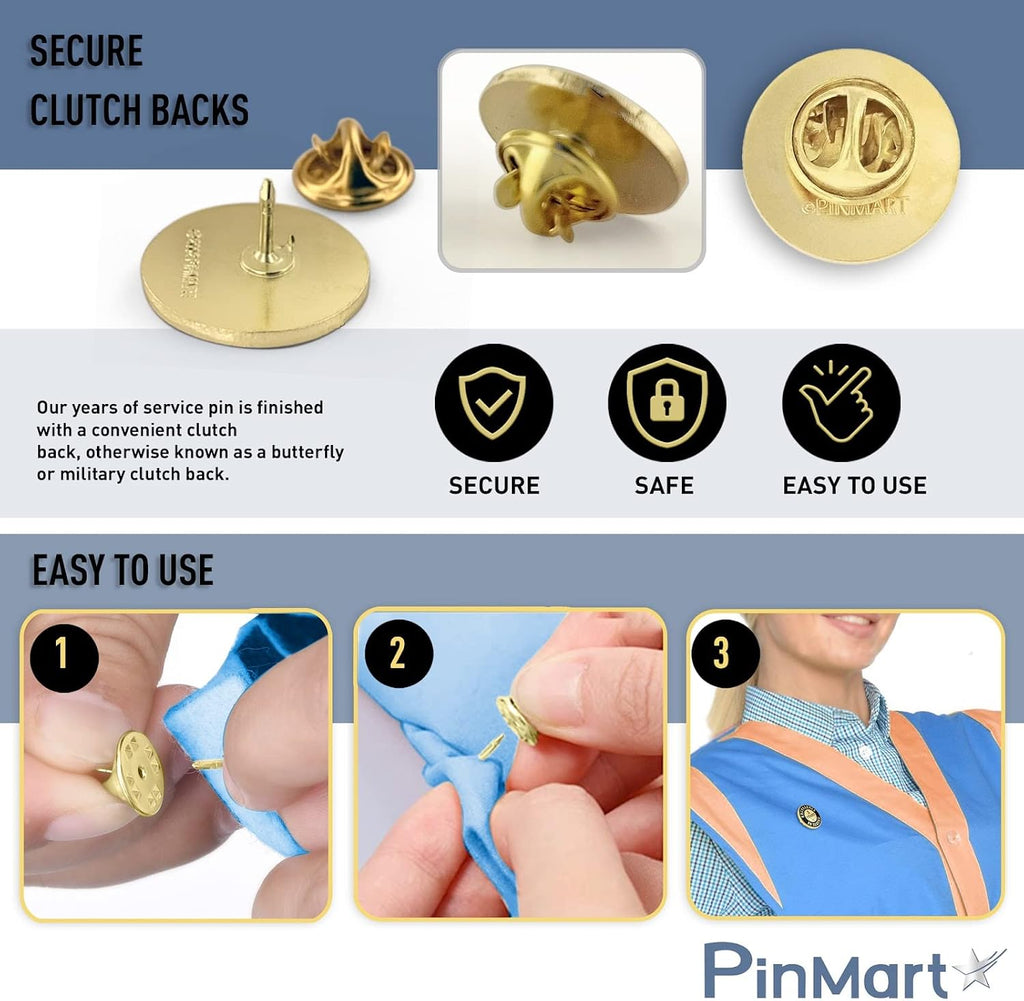 PinMart Gold Color Plated Excellence in Service Year Award Lapel Pin – Metal Enamel Workplace Reward Pin w/Rhinestone – 1-60 Years Pins for Long Standing Employees