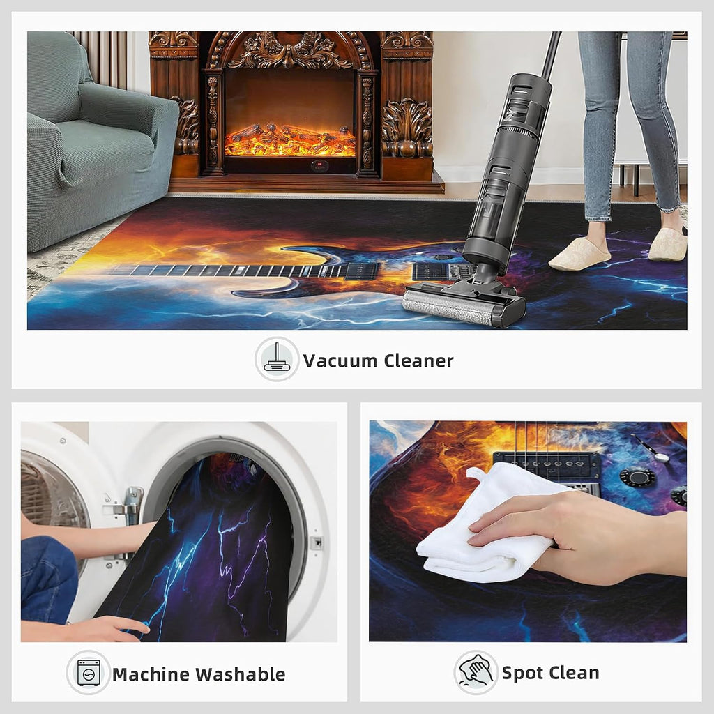Guitar Rugs for Music Room - 5x7 Rug, Music Home Decor, Boys Musical Washable Rugs for Living Room Bedroom, Cool Lightning Area Rug, Rock and Roll Carpet, Electric Guitars Gifts for Men