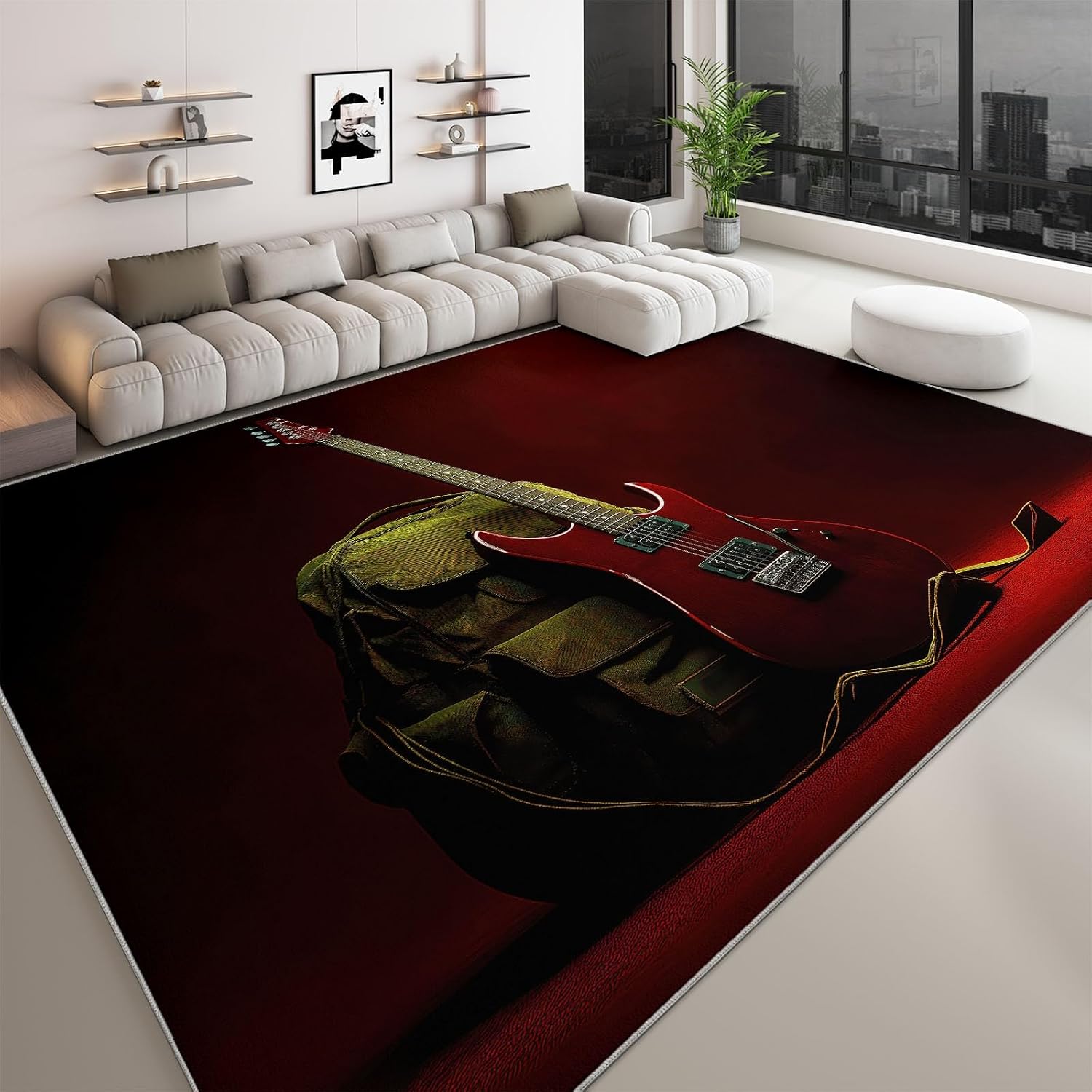 Hyperrealistic 7 x 8 ft Area Rug Low Pile, Bass Guitar Bag Living Room Rug Red Washable Carpet for Nursey Entryway Bedroom Dining Room Dorm Office Floormat