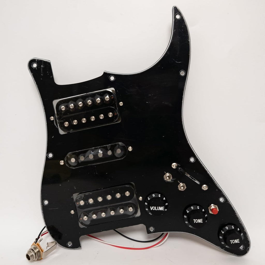 Guitar Prewired Loaded Pickguard for ST Alnico 5 Humbucker Pickups Set with 2 Coil Split Push-Pull Switches & Boost – Prewired Upgrade Harness for USA/Mexico Strat Guitars (Black)