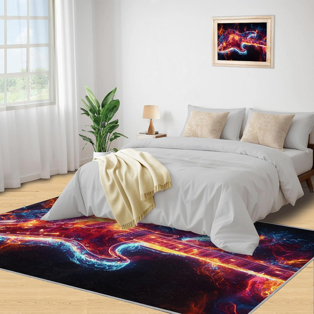 Electric Guitar Rug 6x8-6x8 Rug, Ice and Fire Area Rugs for Bedroom, Music Rugs for Living Room, Rock and Roll Washable Mat, Boys Room Carpet, Ice and Fire Home Decor