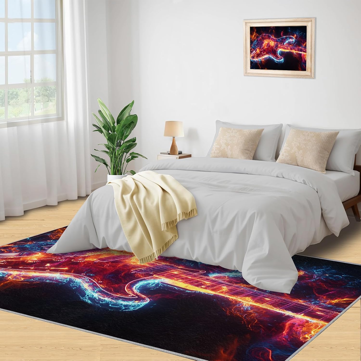 Electric Guitar Rug 6x8-6x8 Rug, Ice and Fire Area Rugs for Bedroom, Music Rugs for Living Room, Rock and Roll Washable Mat, Boys Room Carpet, Ice and Fire Home Decor