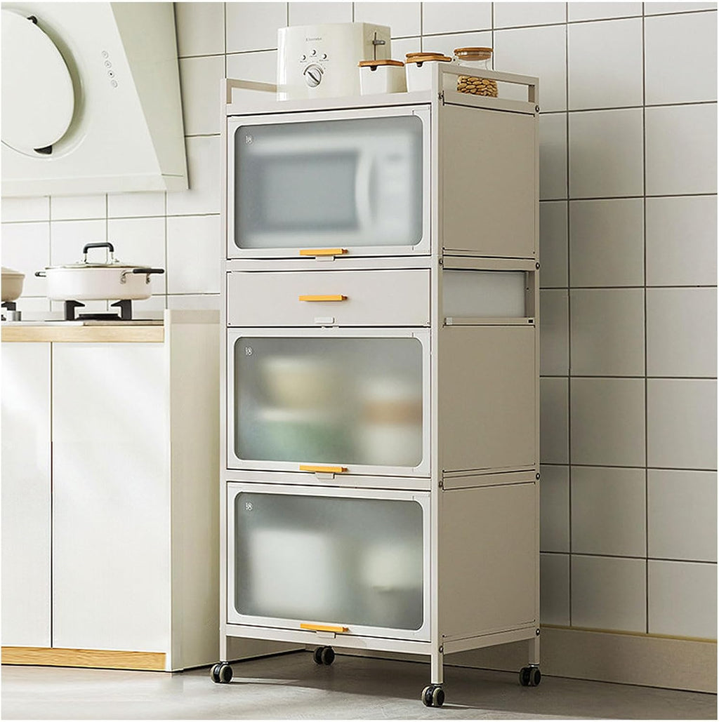 5 -Tier Kitchen Hutch with Flip Door Cabinet, Bakers Rack with Drawers, Coffee Cabinet Bar, Microwave Cart with Brakeable Casters, Pantry Cabinets for Kitchen Storage,White,60×135cm/23.6×53in